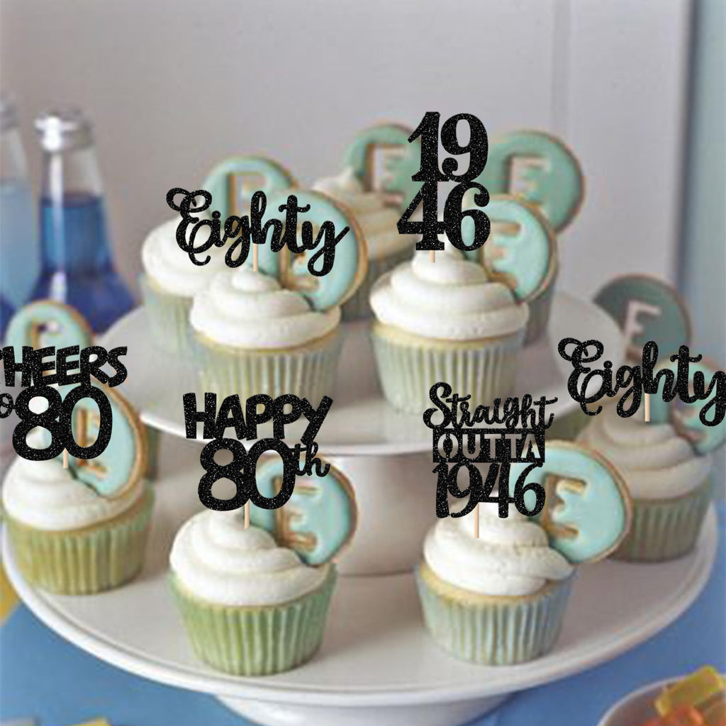 ZHUOWEISM 30Pcs Black Glitter 80th Birthday Cupcake Toppers — Straight Outta 1946 Party Picks
