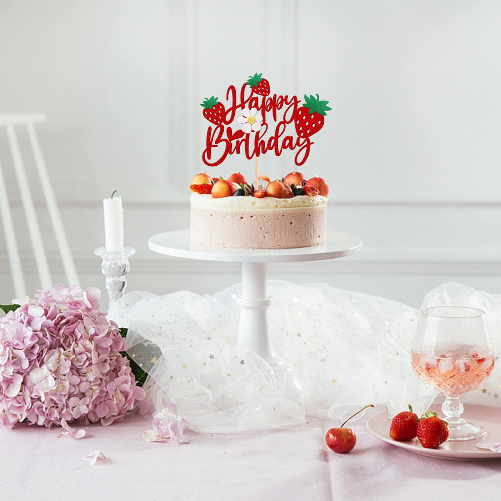 ZHUOWEISM Strawberry Happy Birthday Cake Topper – Glitter Flower, Fruit Theme Decoration