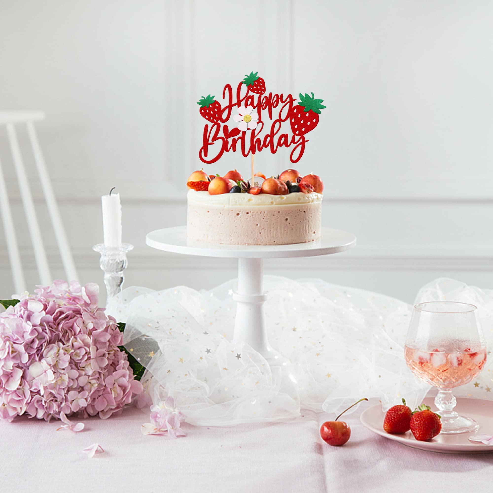 ZHUOWEISM Strawberry Happy Birthday Cake Topper – Glitter Flower, Fruit Theme Decoration