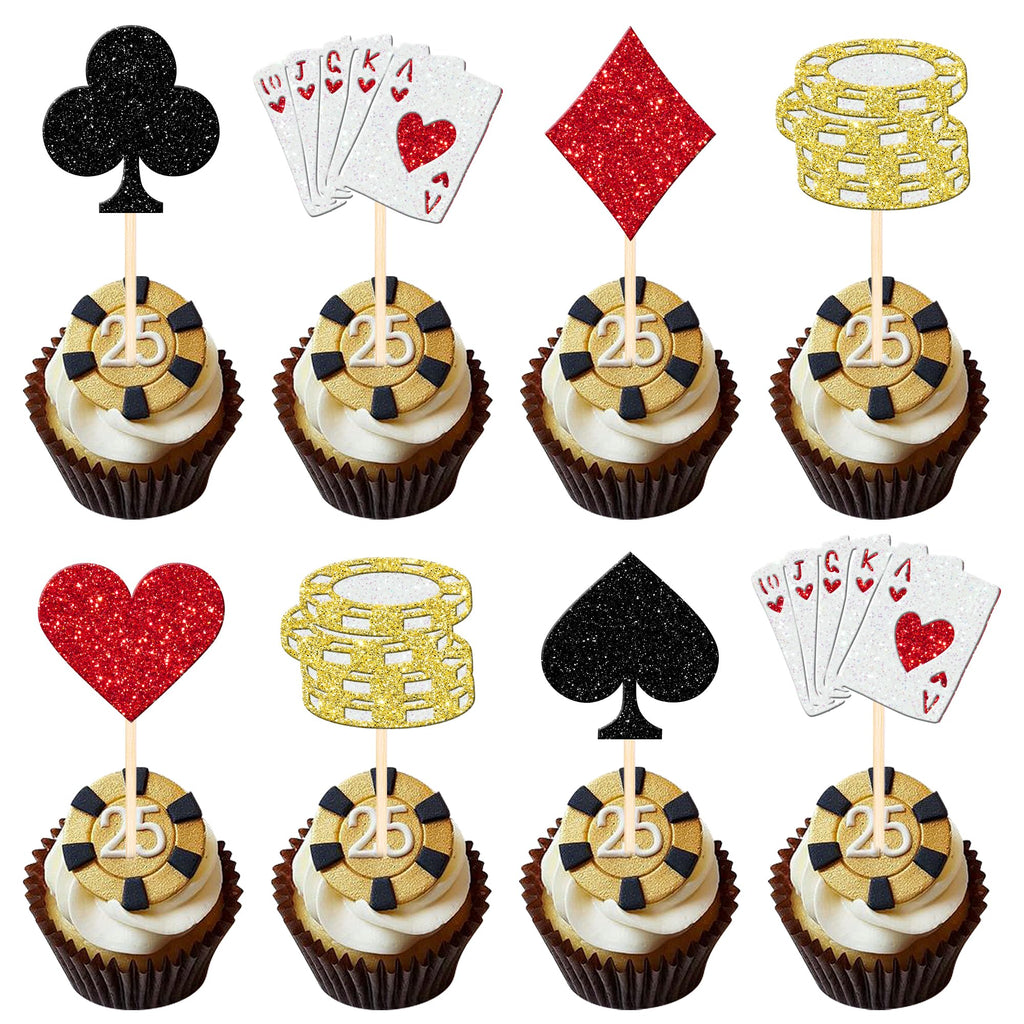 ZHUOWEISM 24 Pcs Casino Poker Theme Cupcake Toppers Glitter Chips – Las Vegas Party Decorations