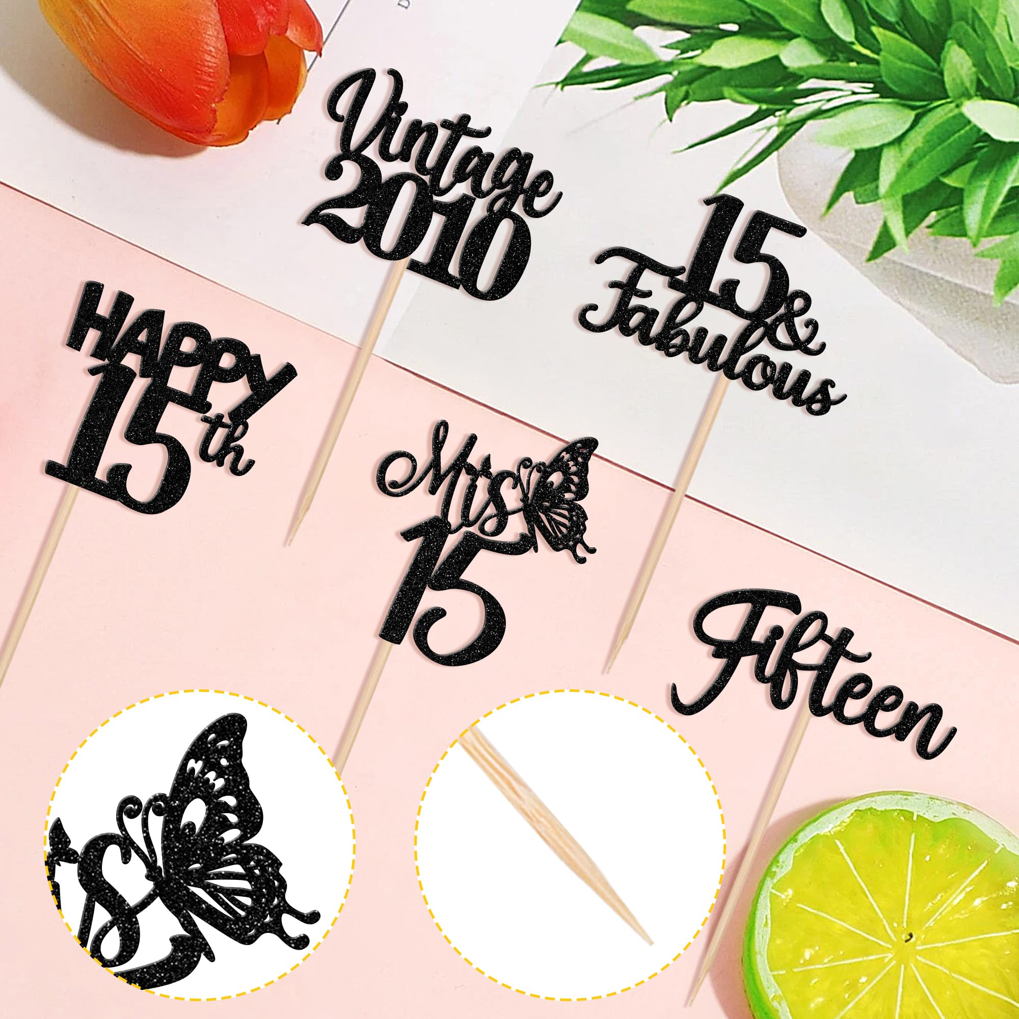 ZHUOWEISM 30pcs Happy 15th Birthday Cupcake Toppers Glitter Black – Vintage 2010 Theme Cake Decorations