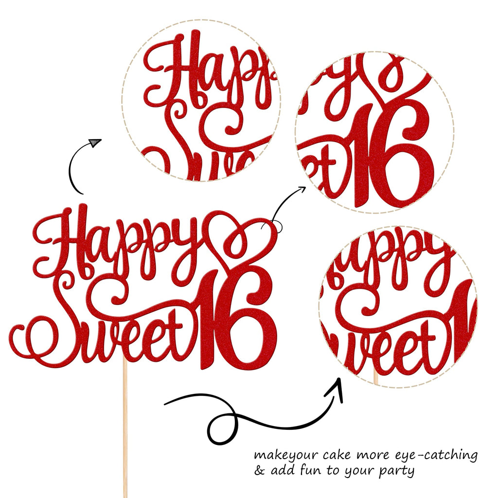 ZHUOWEISM 1-PCS Glitter Happy Sweet 16 Cake Topper – 6in x 8.7in, Cheers to 16 Years Birthday Decor