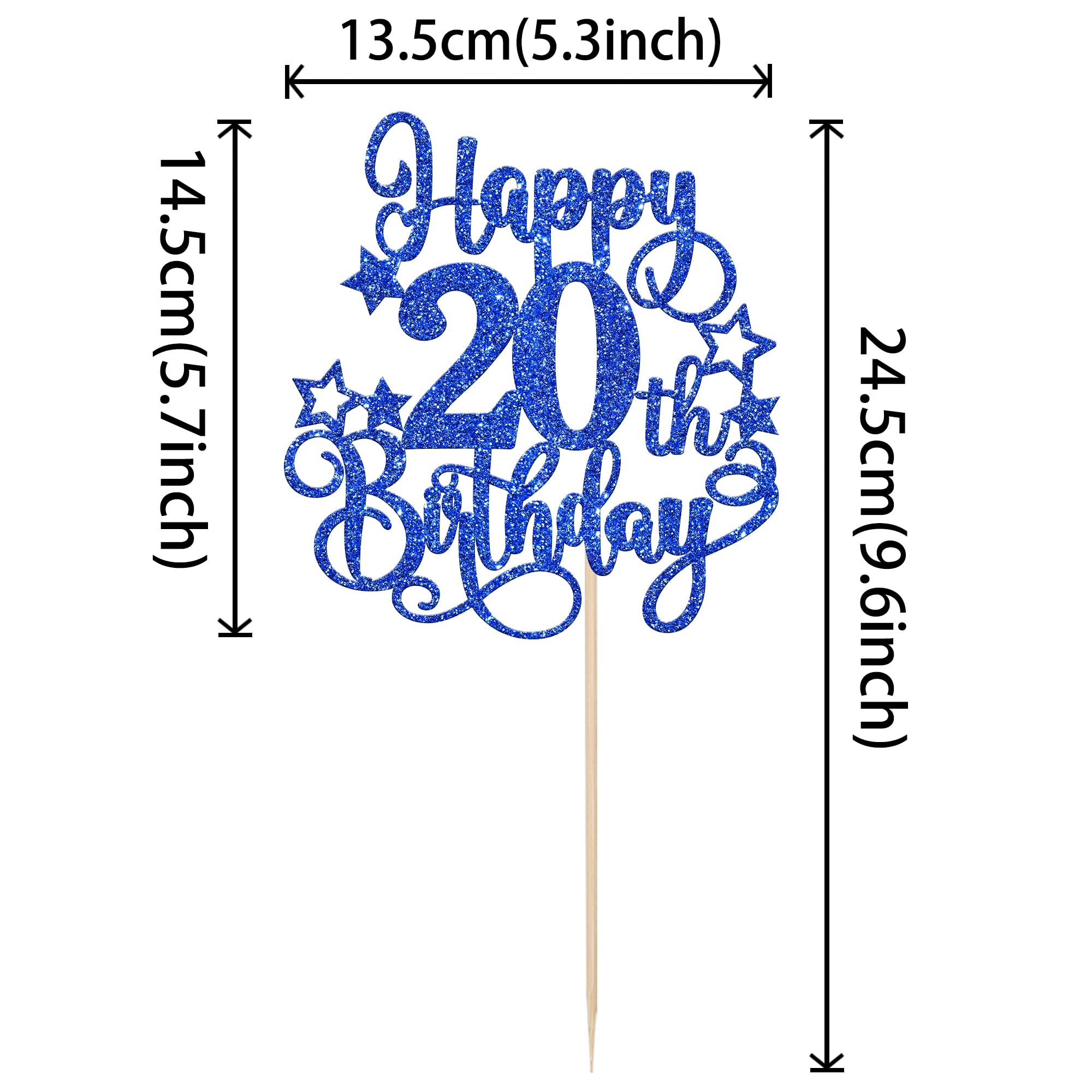 ZHUOWEISM Happy 20th Birthday Cake Topper – Blue Glitter, Pre-assembled, 5.3x9.6 in