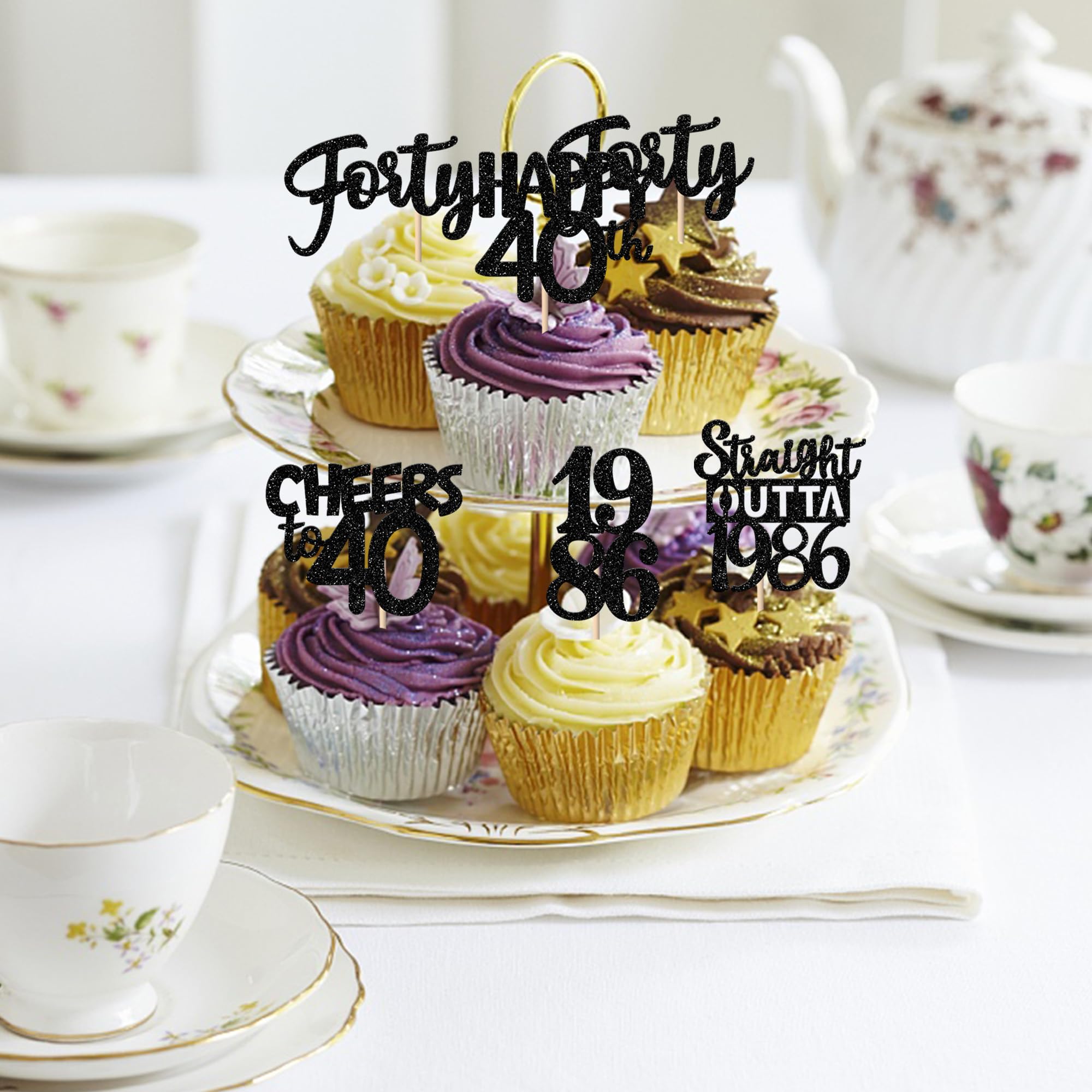 ZHUOWEISM 30pcs Black Glitter Cupcake Toppers - Straight Outta 1986 for 40th Birthday & Anniversary