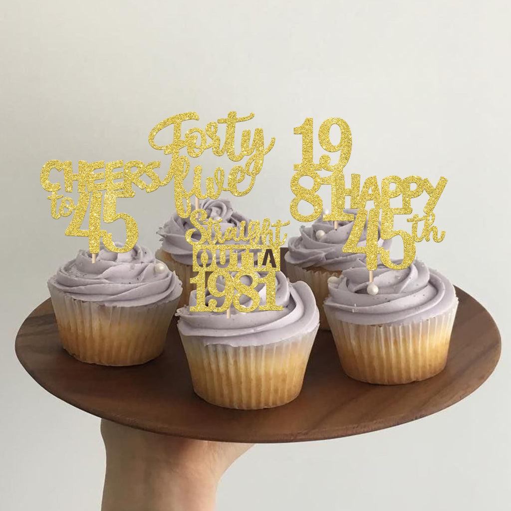 ZHUOWEISM 30PCS Straight Outta 1981 Cupcake Toppers – Gold Glitter 45th Birthday