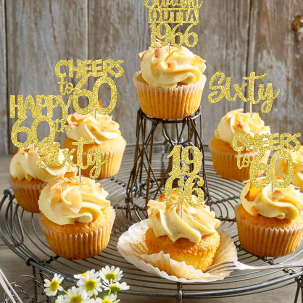 Zhuoweism 30Pcs Gold Glitter 1966 Cupcake Toppers for 60th Birthday Parties