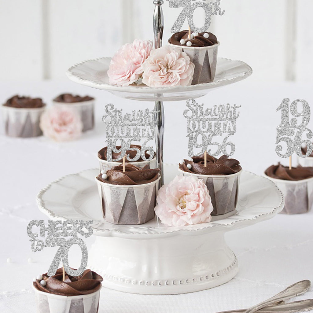 ZHUOWEISM 30 Pcs 70th Birthday Cupcake Toppers – Glitter Seventy Straight Outta 1956 Party Picks