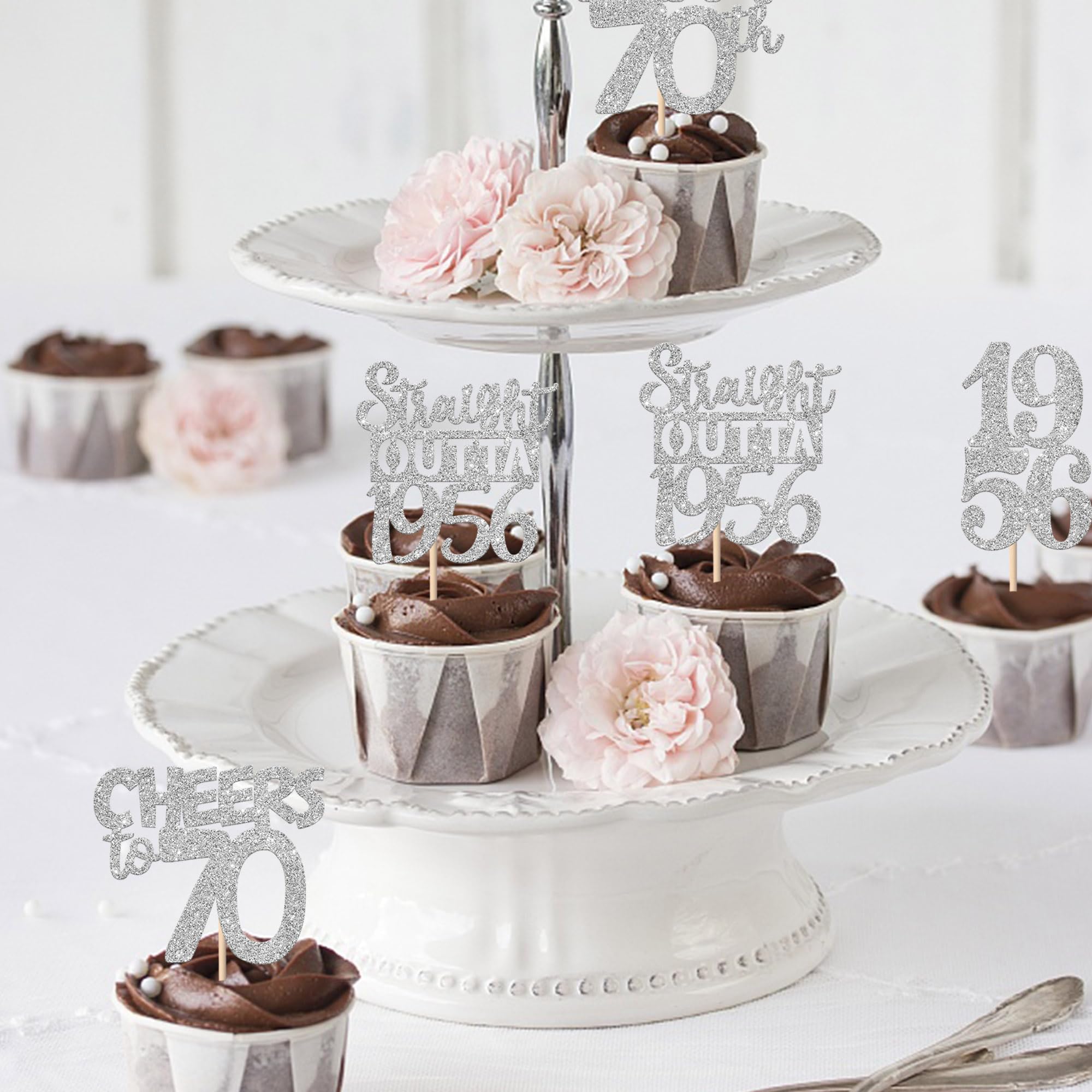 ZHUOWEISM 30 Pcs 70th Birthday Cupcake Toppers – Glitter Seventy Straight Outta 1956 Party Picks