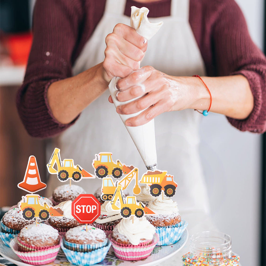 ZHUOWEISM 36 Pcs Construction Cupcake Toppers – Stop Sign, Dump Truck, Excavator, Tractor Party Decorations