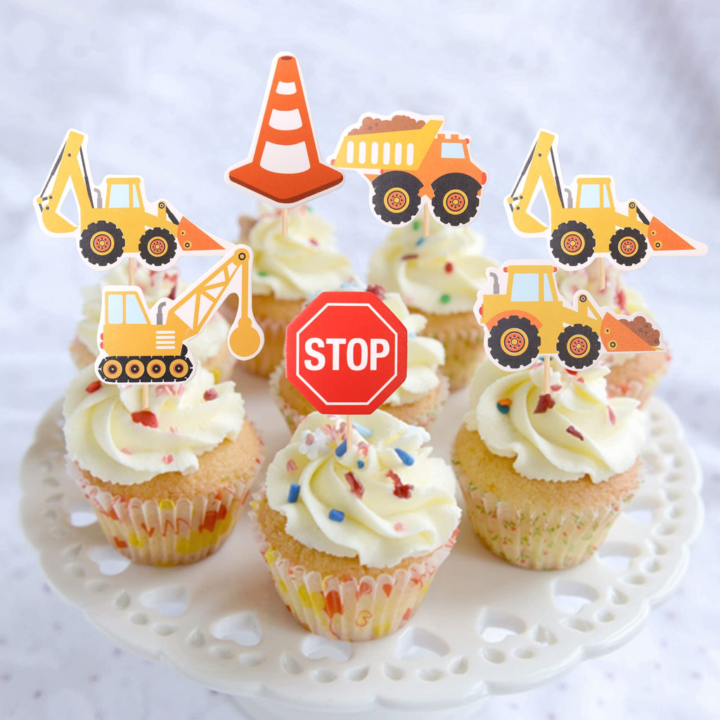 ZHUOWEISM 36 Pcs Construction Cupcake Toppers – Stop Sign, Dump Truck, Excavator, Tractor Party Decorations