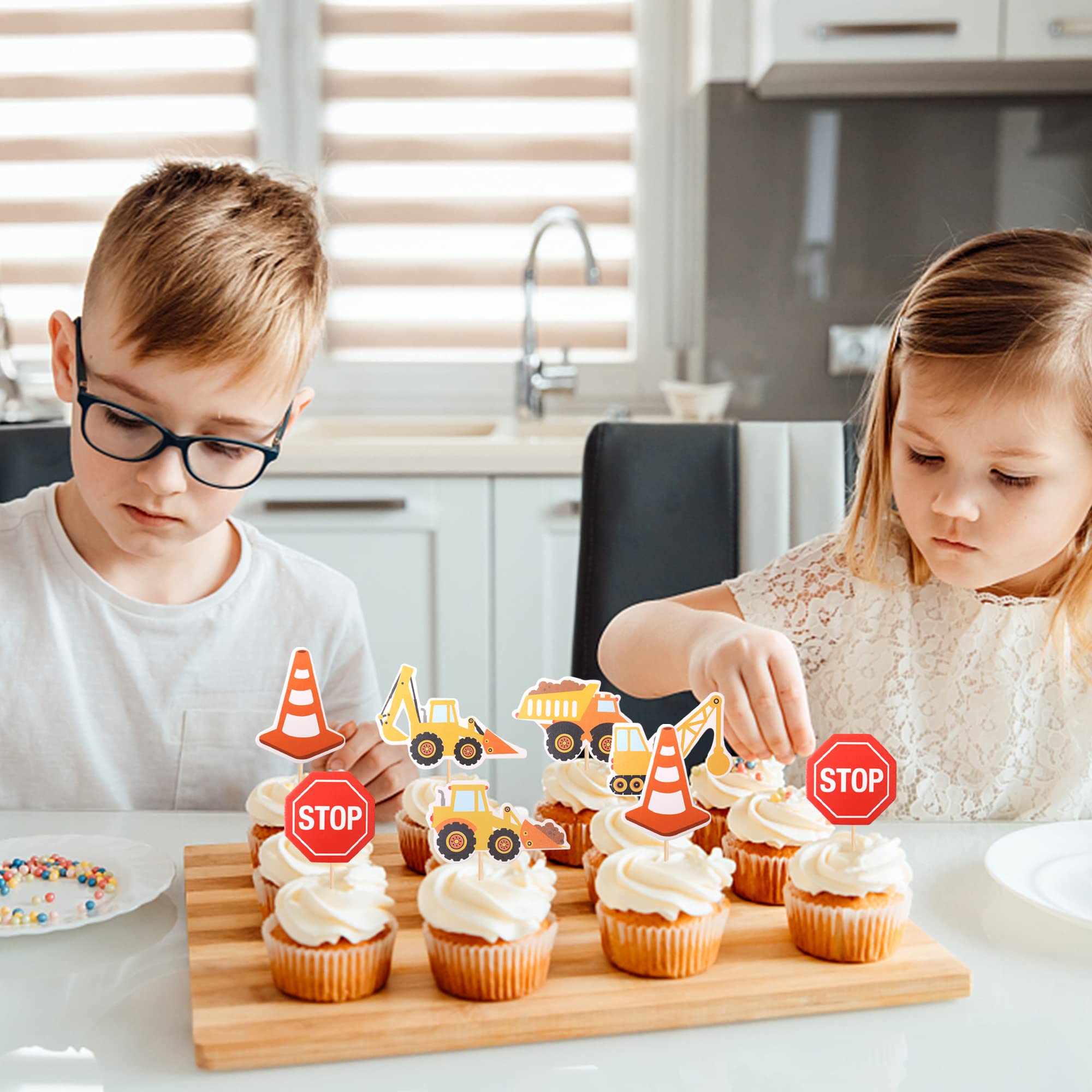 ZHUOWEISM 36 Pcs Construction Cupcake Toppers – Stop Sign, Dump Truck, Excavator, Tractor Party Decorations