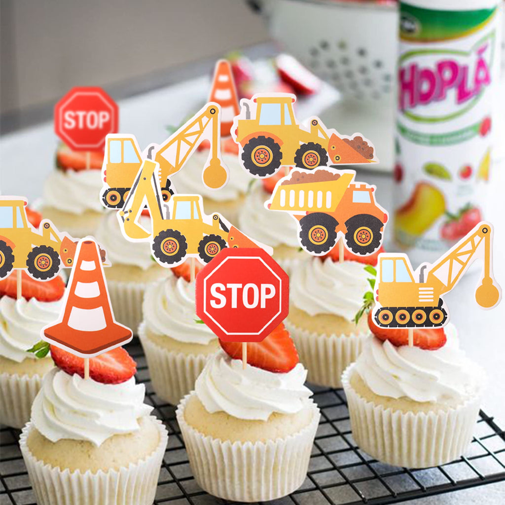 ZHUOWEISM 36 Pcs Construction Cupcake Toppers – Stop Sign, Dump Truck, Excavator, Tractor Party Decorations
