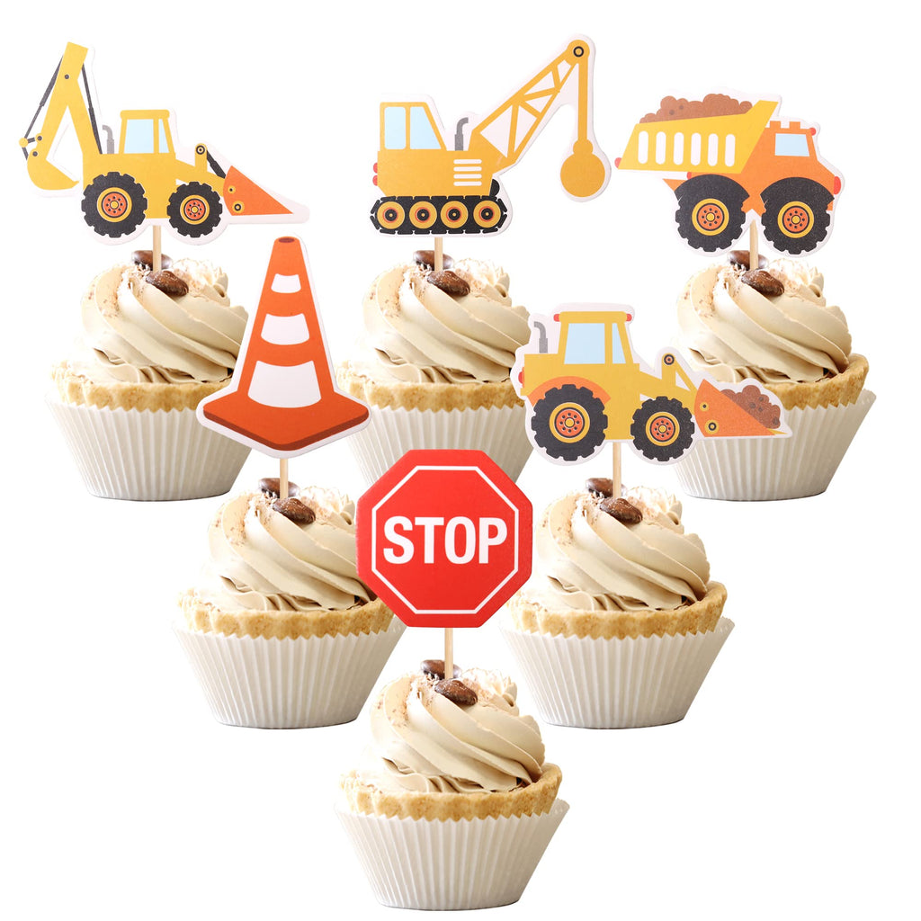 ZHUOWEISM 36 Pcs Construction Cupcake Toppers – Stop Sign, Dump Truck, Excavator, Tractor Party Decorations