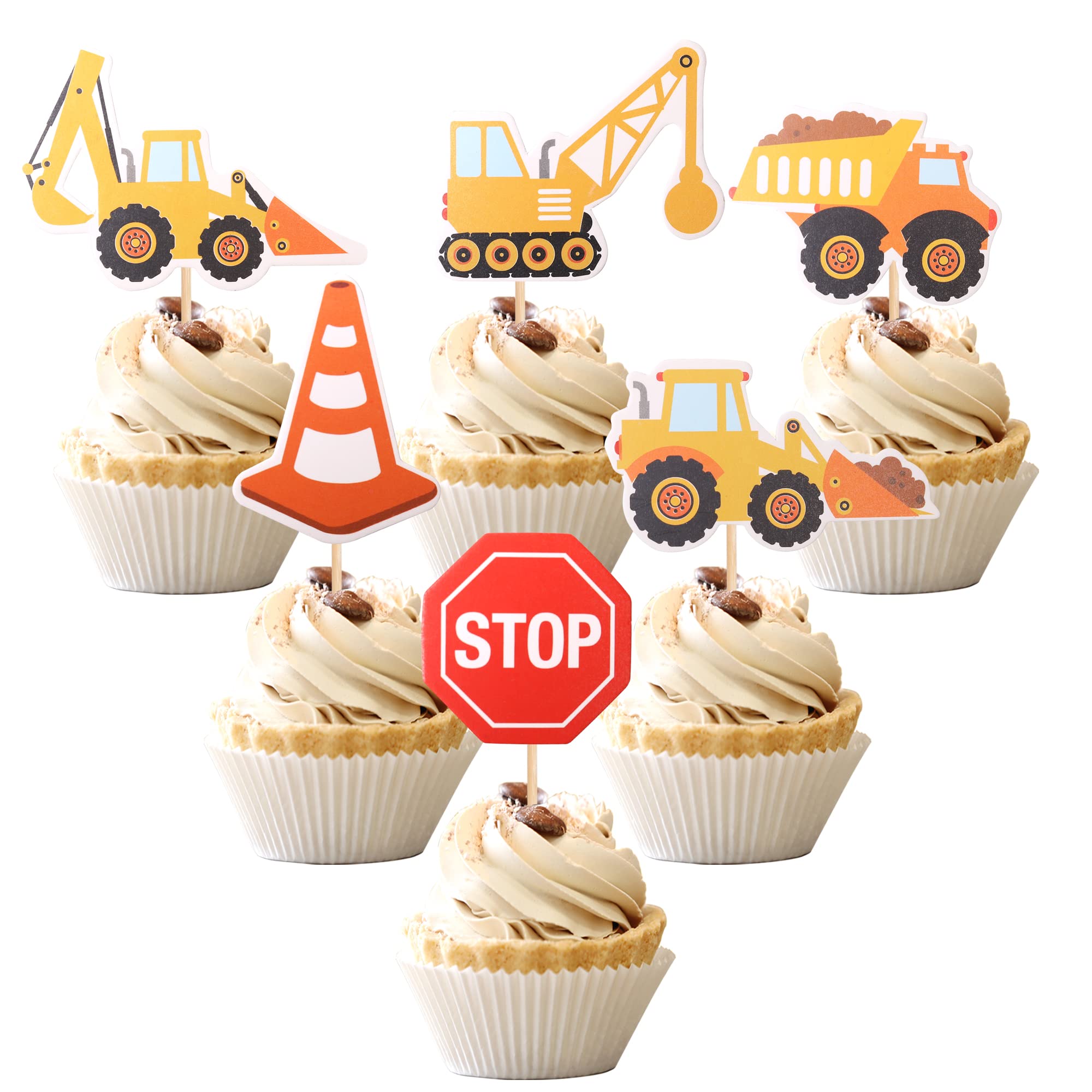 ZHUOWEISM 36 Pcs Construction Cupcake Toppers – Stop Sign, Dump Truck, Excavator, Tractor Party Decorations