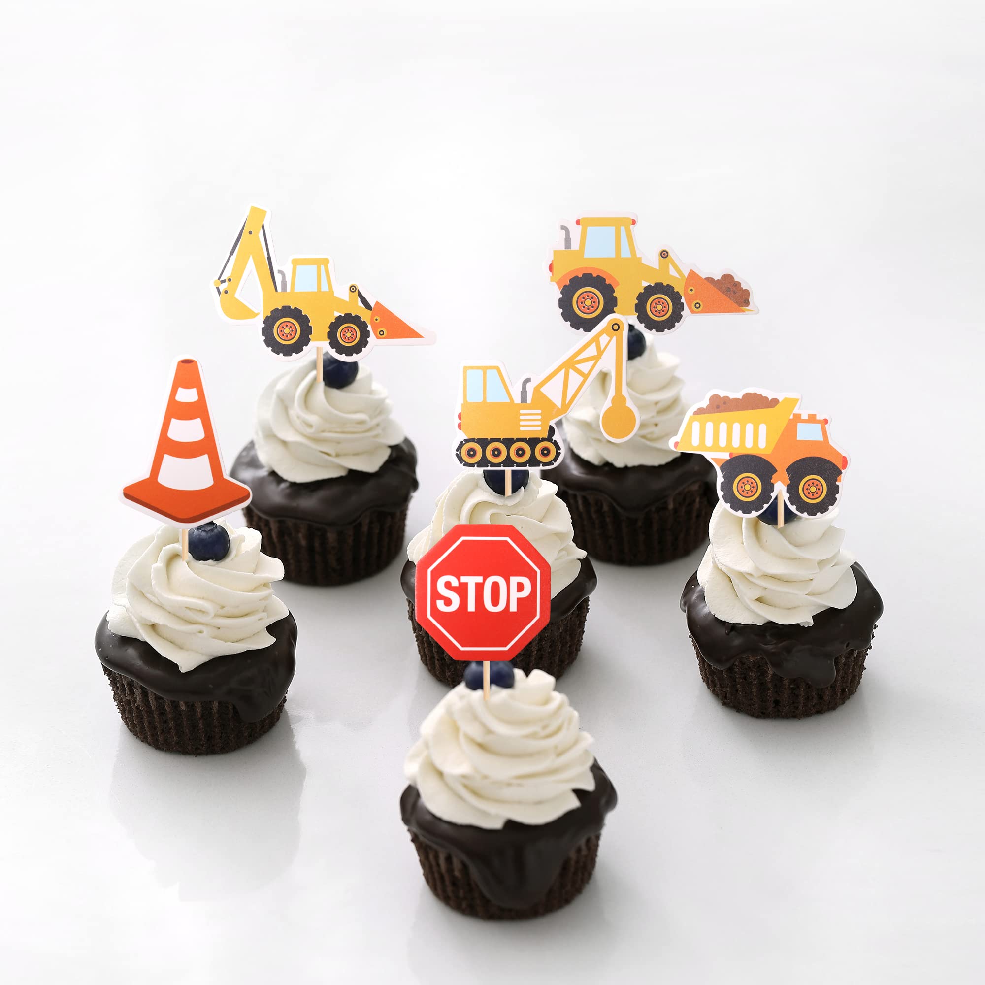ZHUOWEISM 36 Pcs Construction Cupcake Toppers – Stop Sign, Dump Truck, Excavator, Tractor Party Decorations