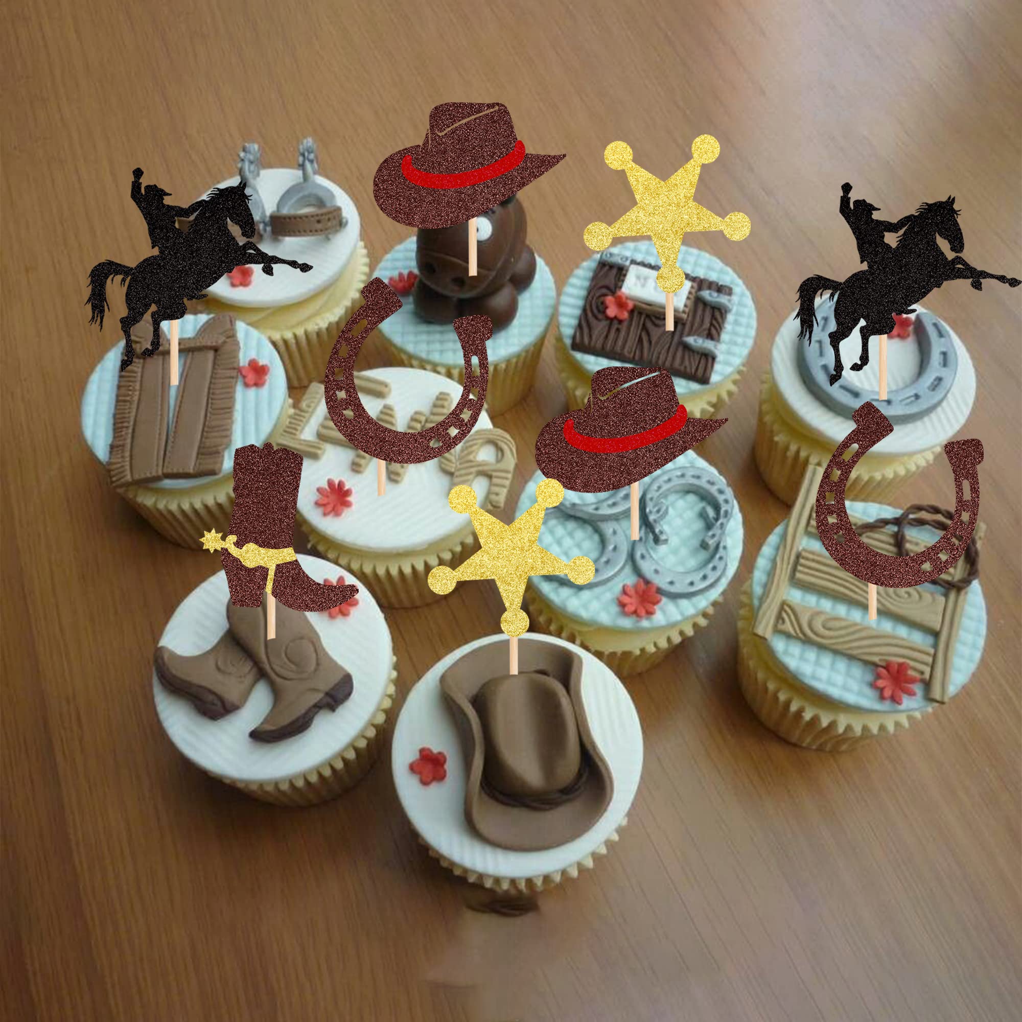 ZHUOWEISM 30 Pcs Glitter Cowboy Cupcake Toppers – Horseshoe, Cowboy Hats & Boots for Western Theme Parties
