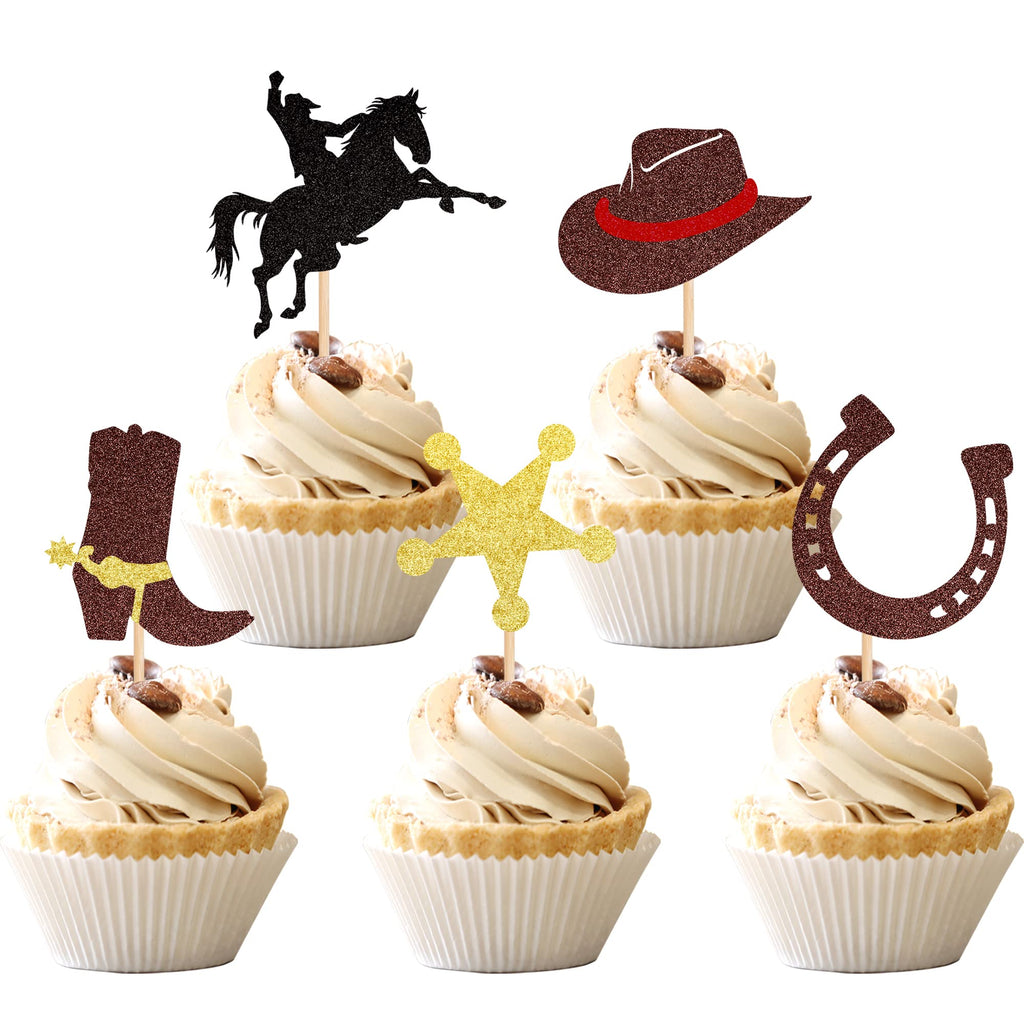 ZHUOWEISM 30 Pcs Glitter Cowboy Cupcake Toppers – Horseshoe, Cowboy Hats & Boots for Western Theme Parties