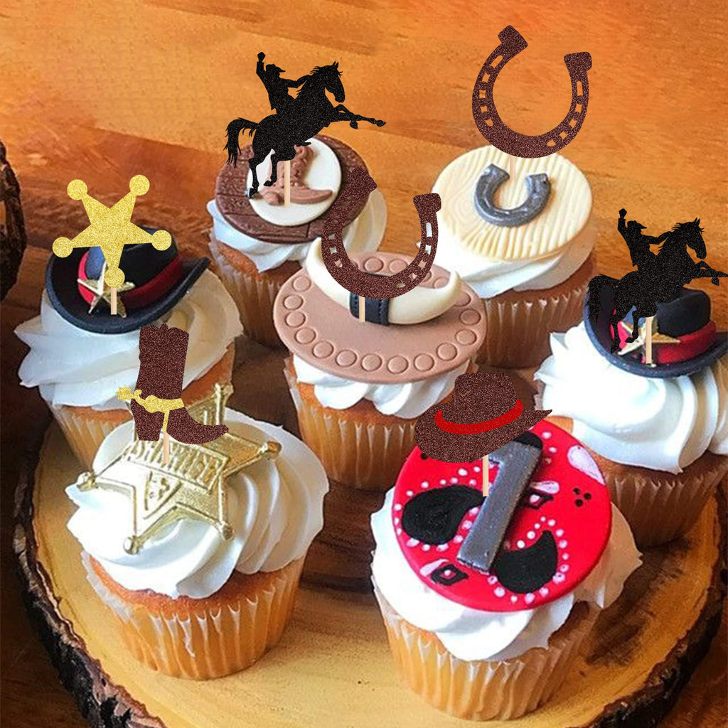 ZHUOWEISM 30 Pcs Glitter Cowboy Cupcake Toppers – Horseshoe, Cowboy Hats & Boots for Western Theme Parties