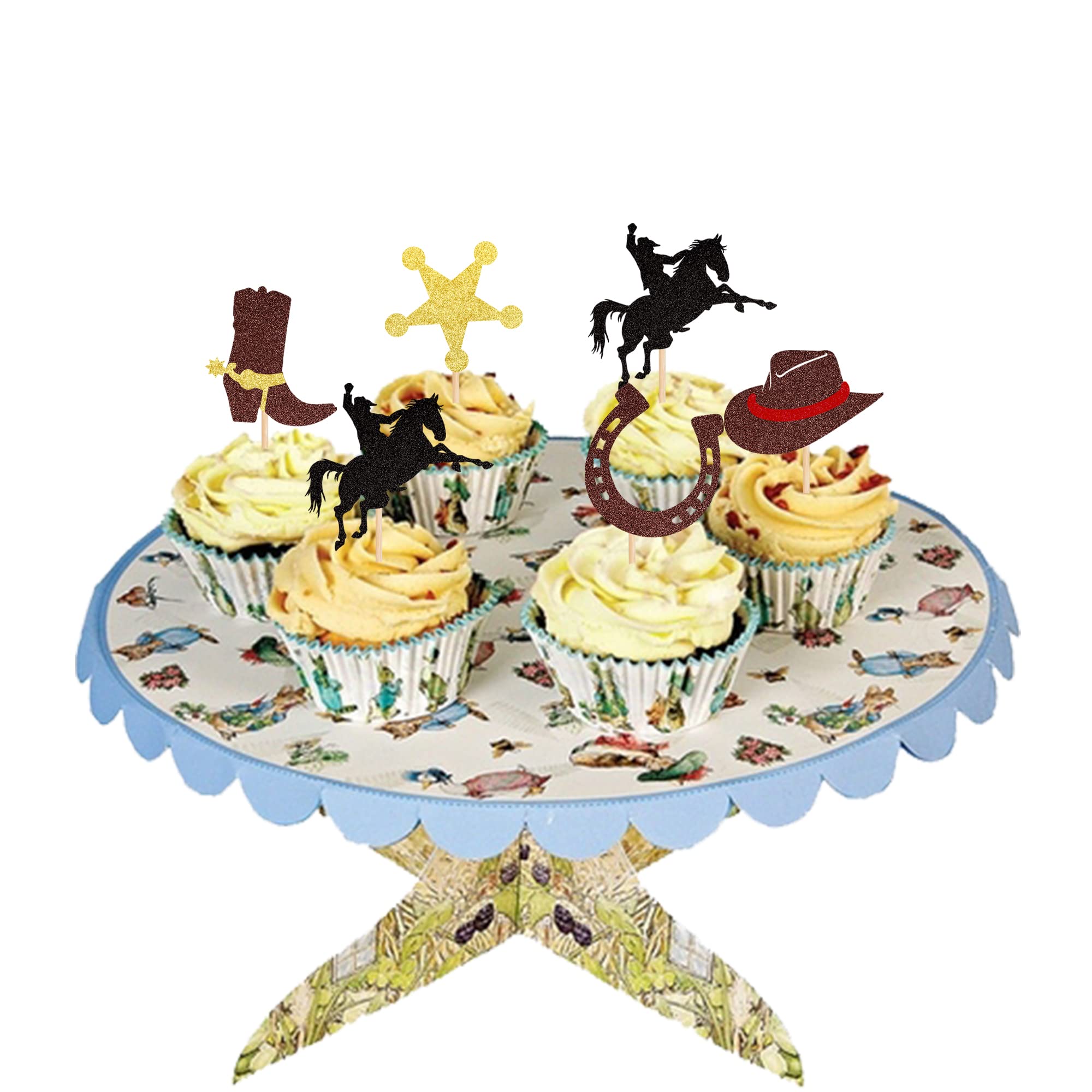 ZHUOWEISM 30 Pcs Glitter Cowboy Cupcake Toppers – Horseshoe, Cowboy Hats & Boots for Western Theme Parties