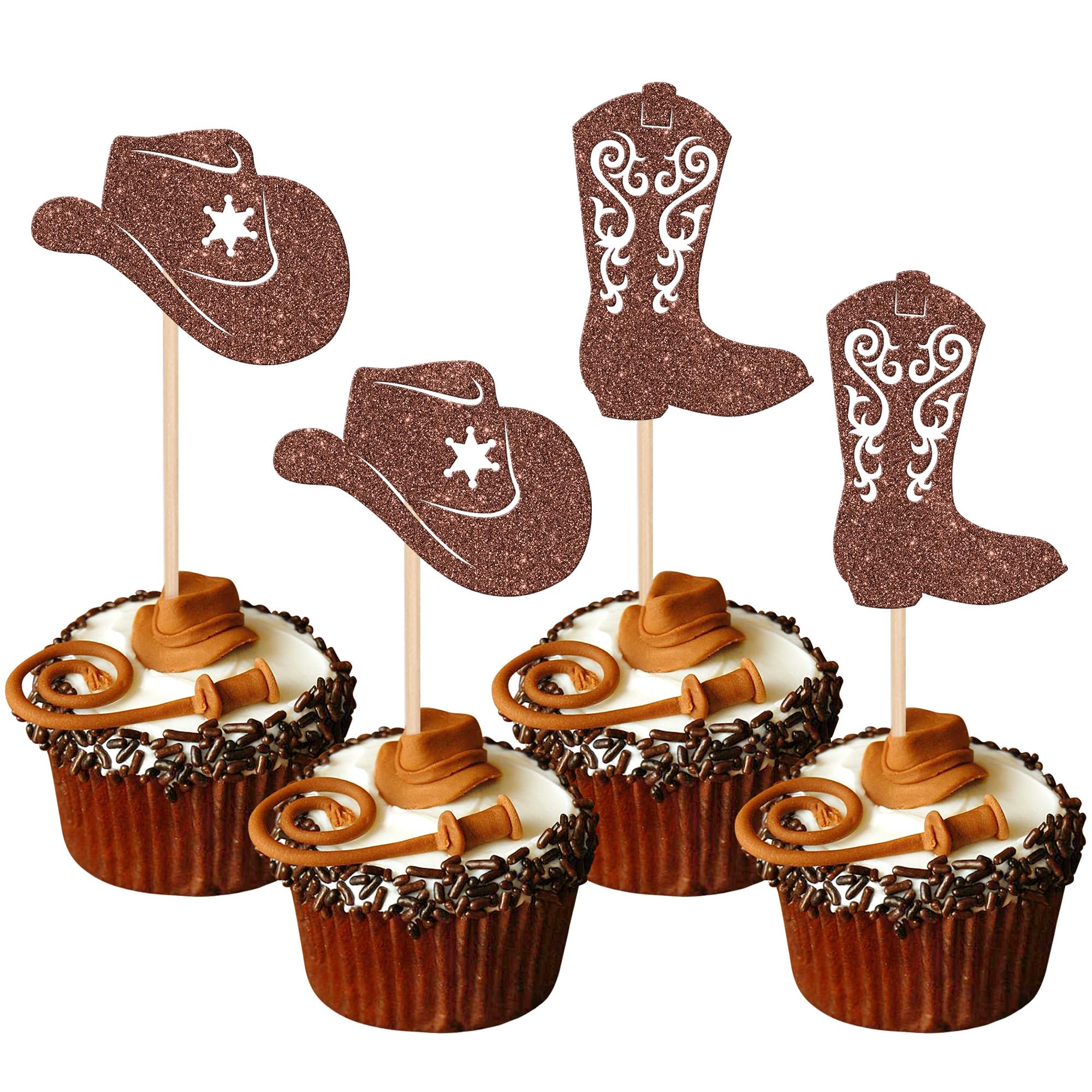 ZHUOWEISM 24-Piece Cowboy Cupcake Toppers — Glitter Hats & Boots