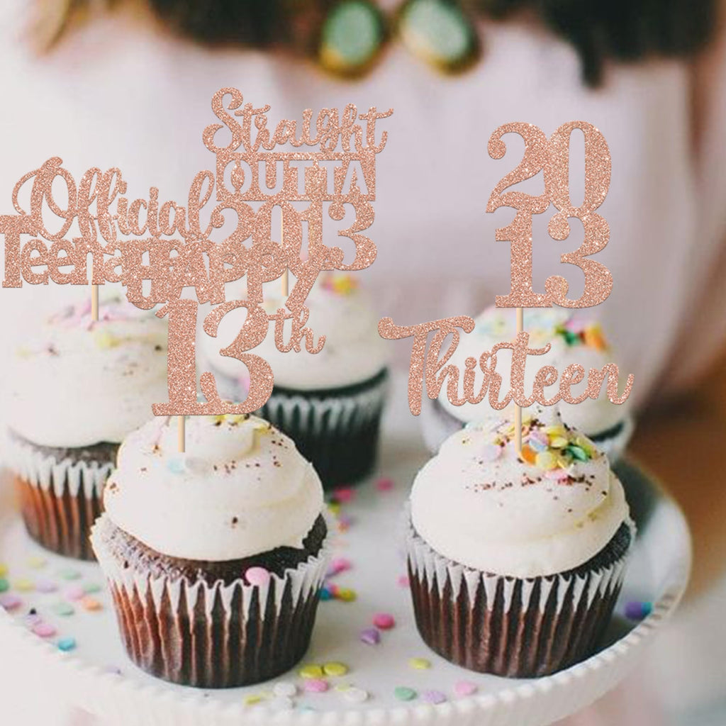 ZHUOWEISM 30Pcs 13th Birthday Cupcake Toppers – Glitter Rose Gold, Straight Outta 2013