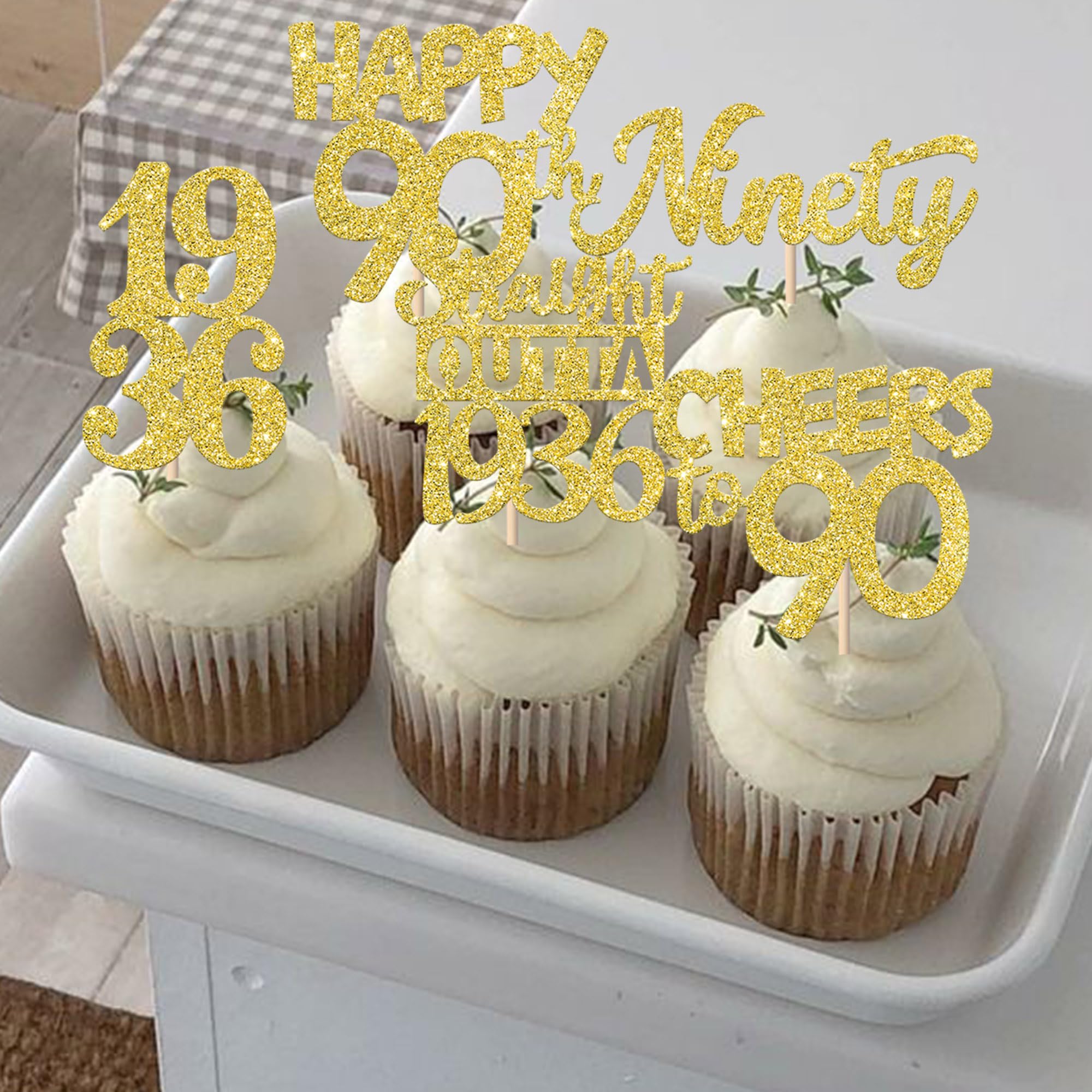 ZHUOWEISM 30Pcs Happy 90th Birthday Cupcake Toppers | Gold Glitter | Straight Outta 1936 - 90 Fabulous Cake Decorations