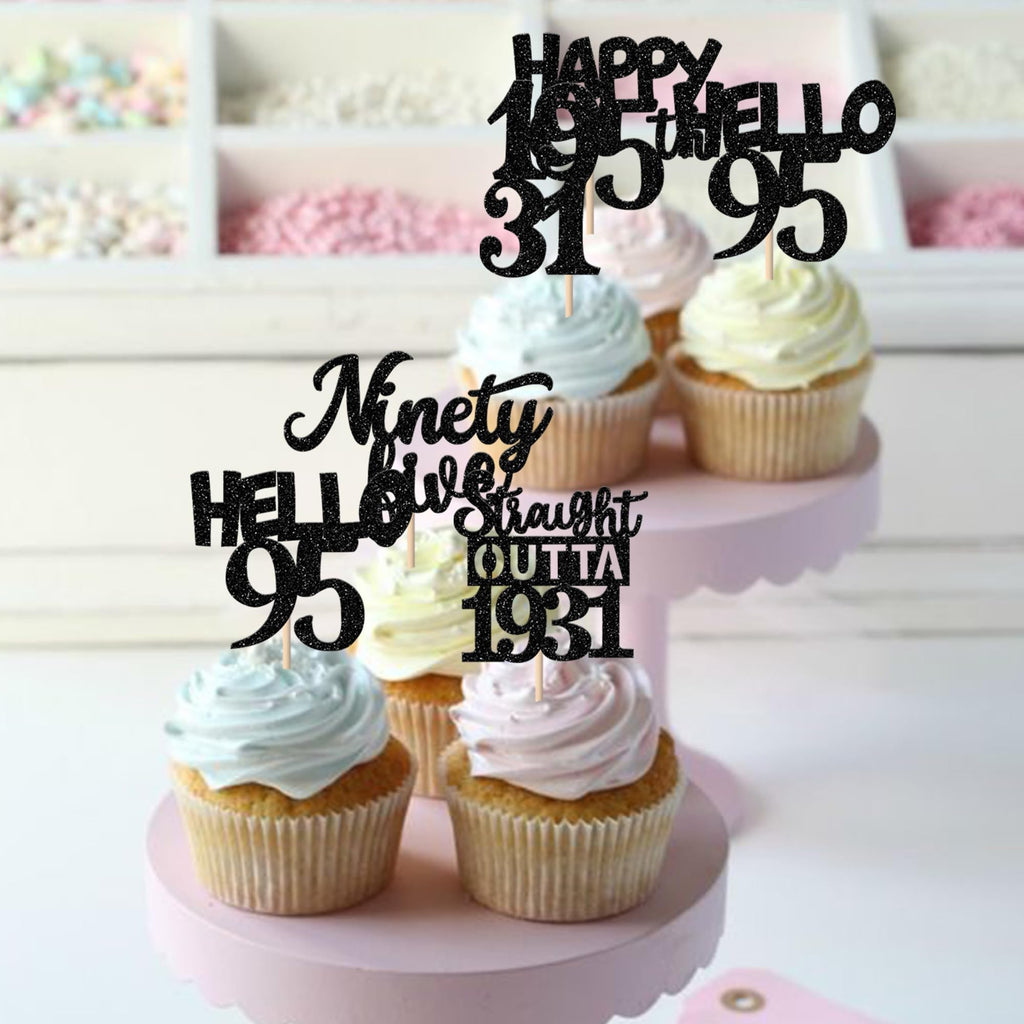 ZHUOWEISM 30-Pack Black 95th Birthday Cupcake Toppers – Glitter Nighty Five, Straight Outta 1931 Party Picks