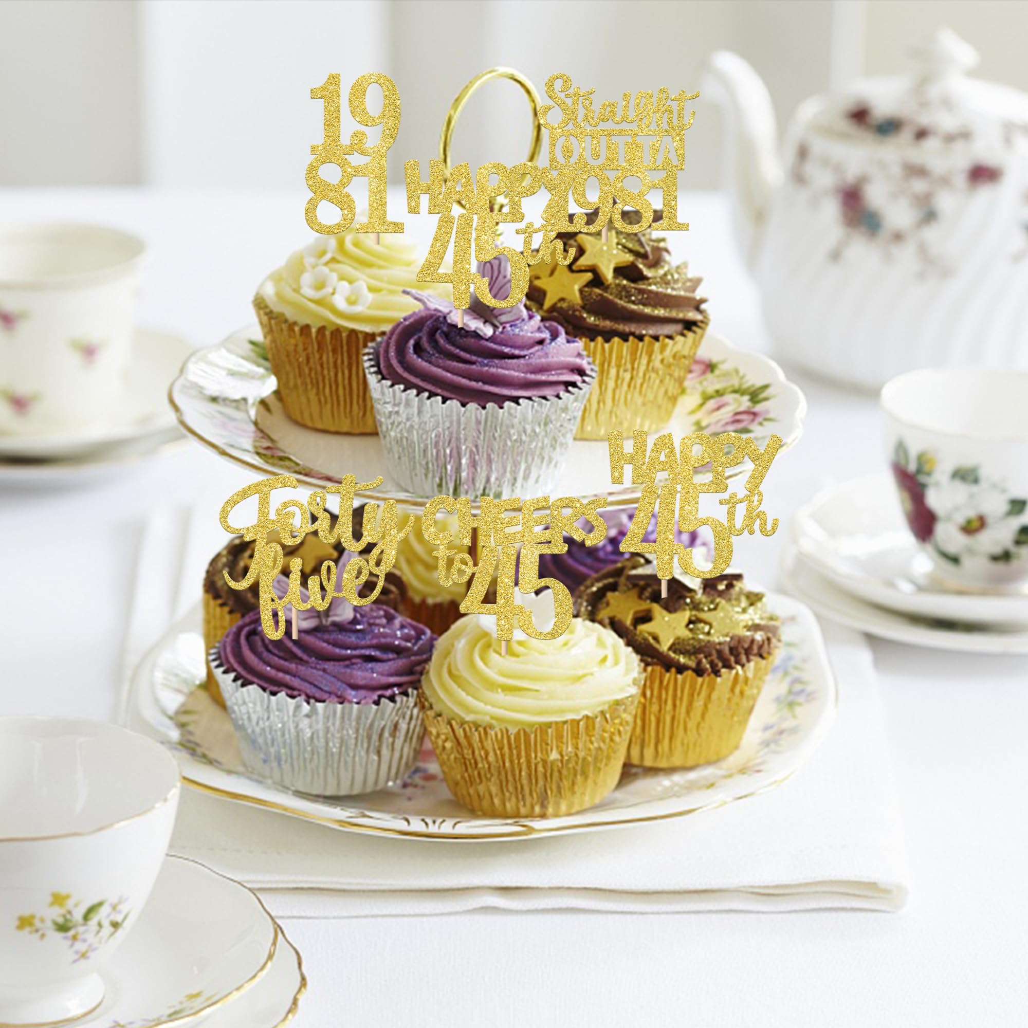 ZHUOWEISM 30PCS Straight Outta 1981 Cupcake Toppers – Gold Glitter 45th Birthday