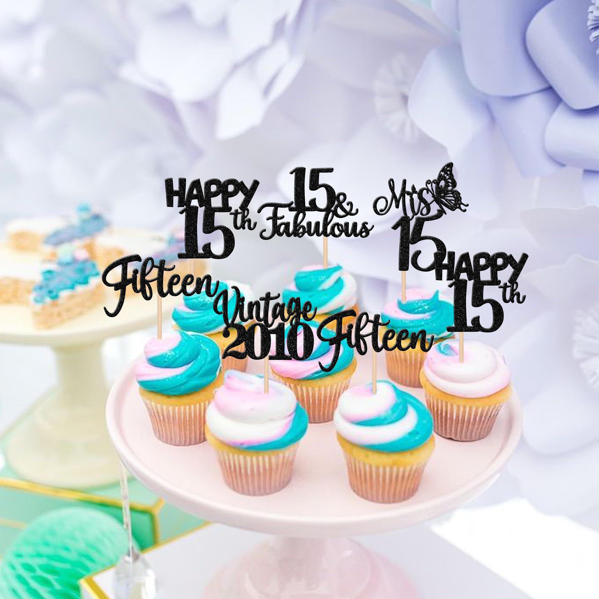 ZHUOWEISM 30pcs Happy 15th Birthday Cupcake Toppers Glitter Black – Vintage 2010 Theme Cake Decorations