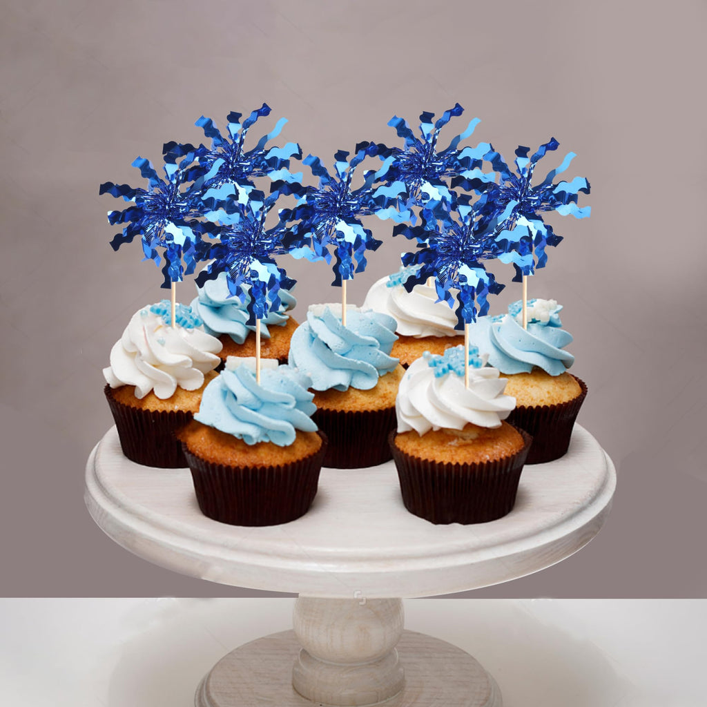 ZHUOWEISM 30 PCS Foil Firework Cupcake Toppers - Dark Blue Sparkle Picks for Birthday Parties