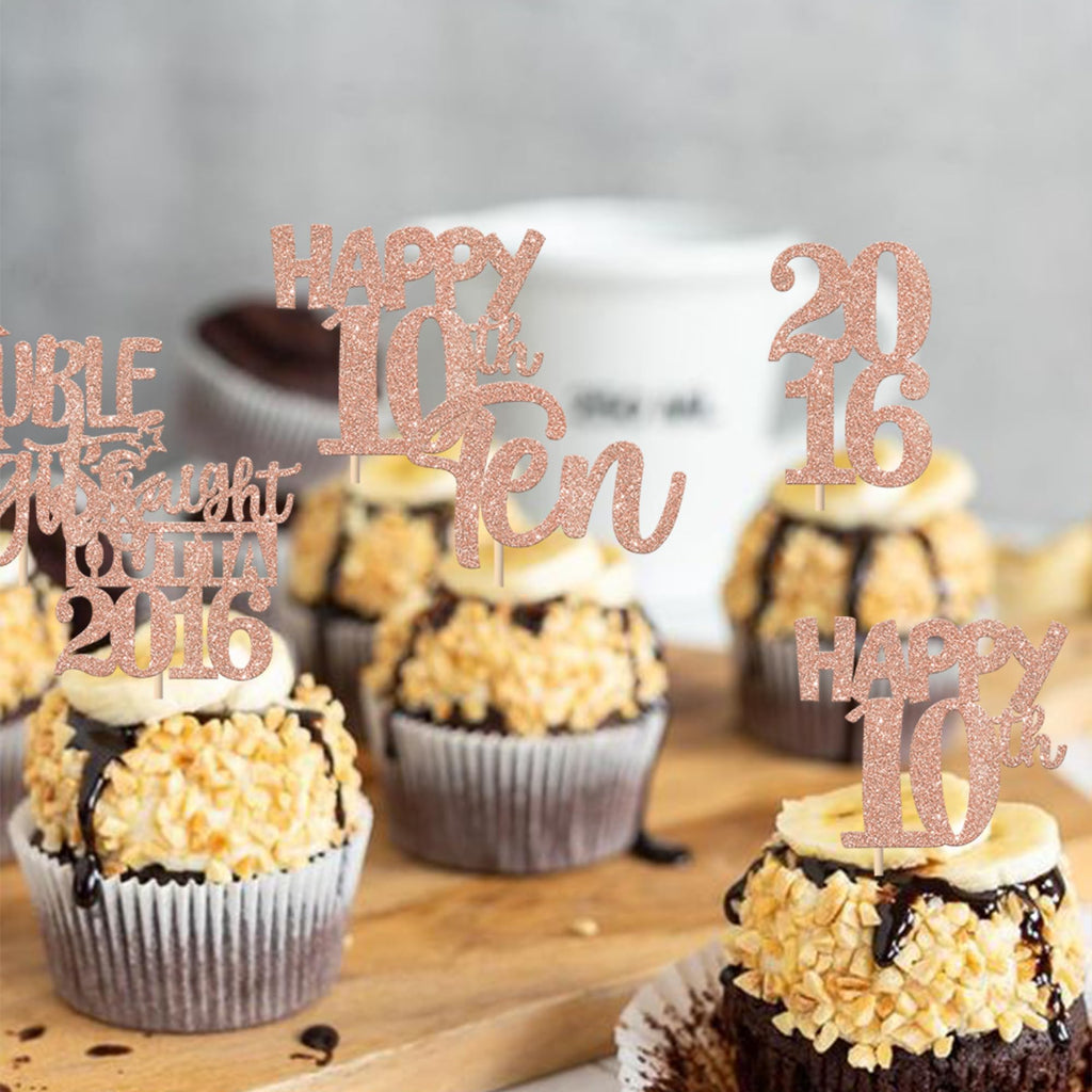 ZHUOWEISM 30Pcs Glitter Ten Happy 10th Birthday Cupcake Toppers, Straight Outta 2016, Rose Gold