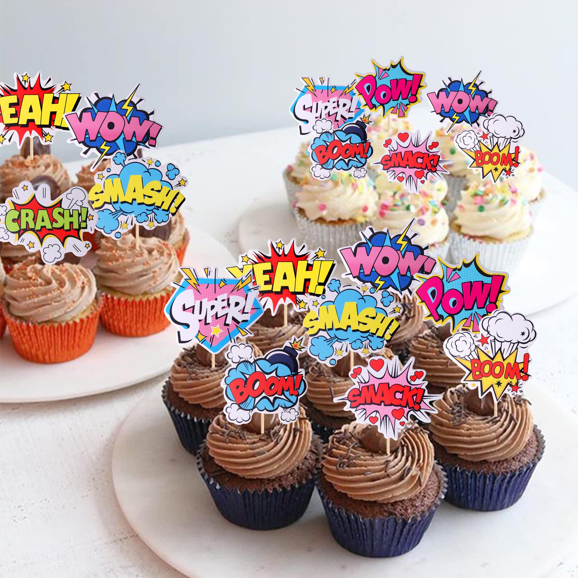 ZHUOWEISM 36 PCS Super Hero Boom Cupcake Toppers & Wrappers for Hero Theme Parties