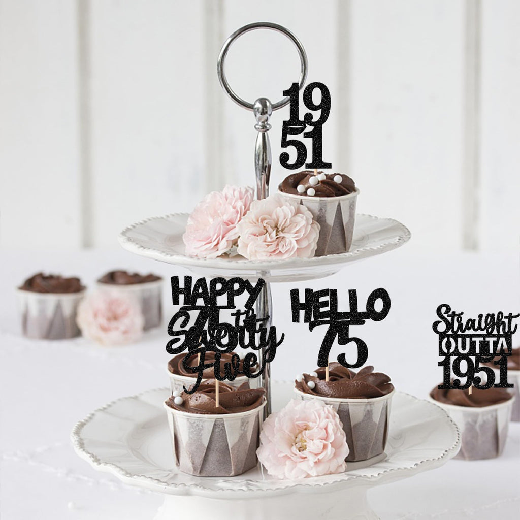 ZHUOWEISM 30Pcs Black Glitter 75th Birthday Cupcake Toppers – Straight Outta 1951 Party Picks