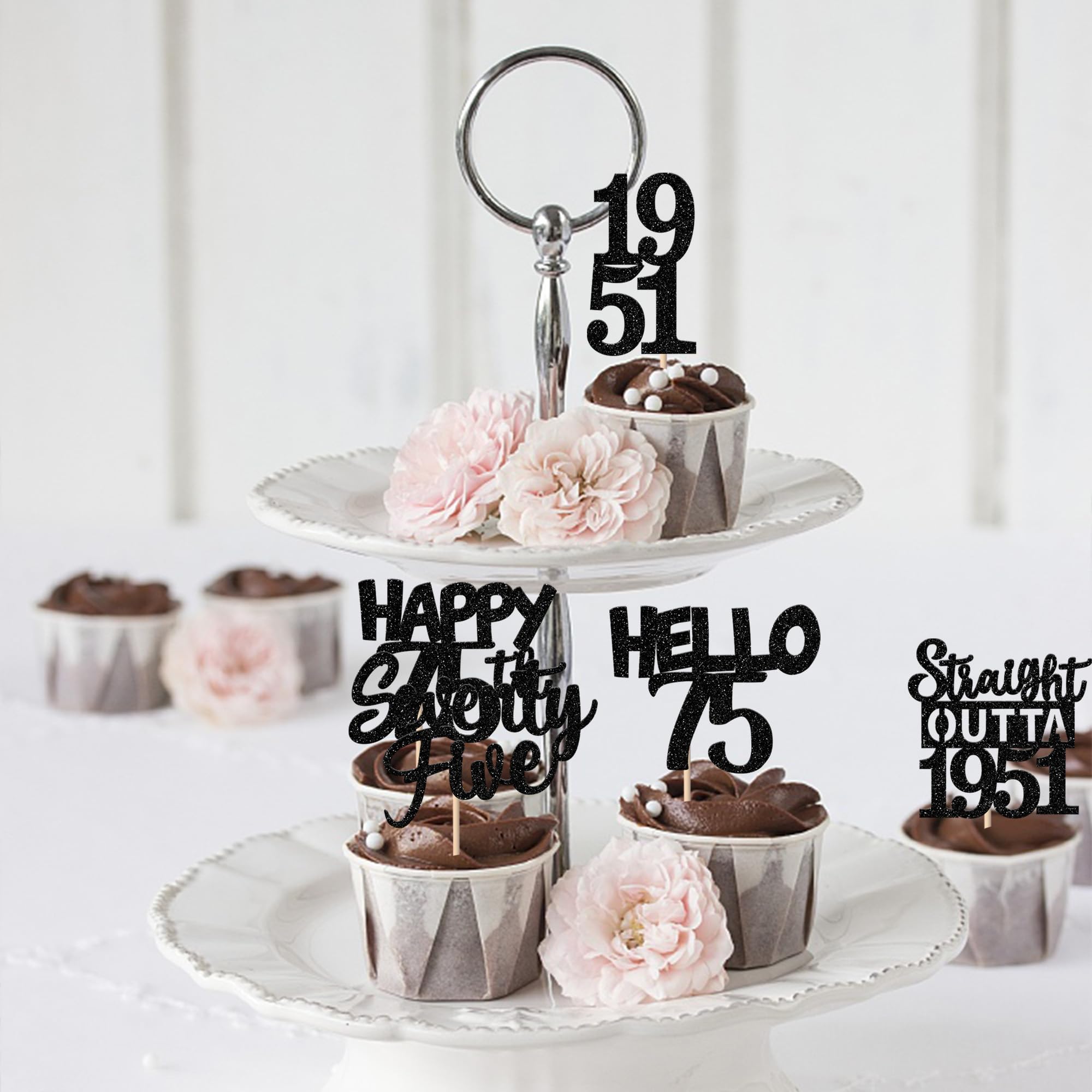 ZHUOWEISM 30Pcs Black Glitter 75th Birthday Cupcake Toppers – Straight Outta 1951 Party Picks