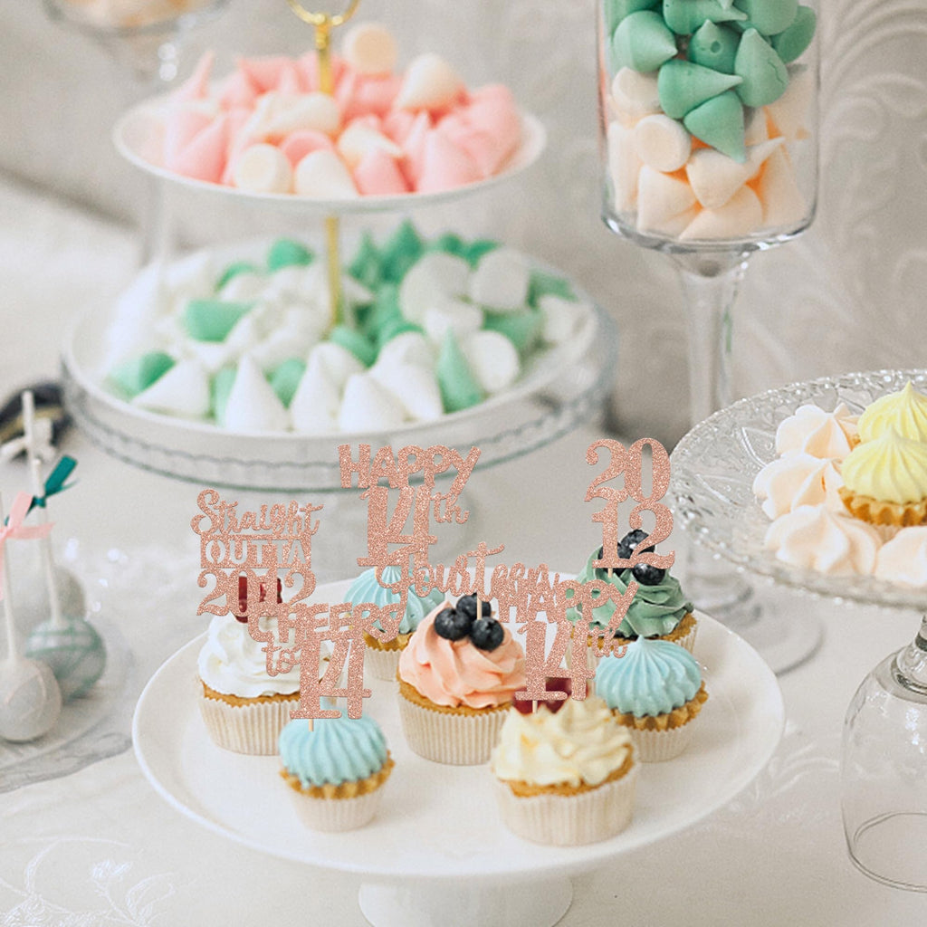 ZHUOWEISM 30Pcs Glitter 14th Birthday Cupcake Toppers - Rose Gold, Straight Outta 2012 Party Picks