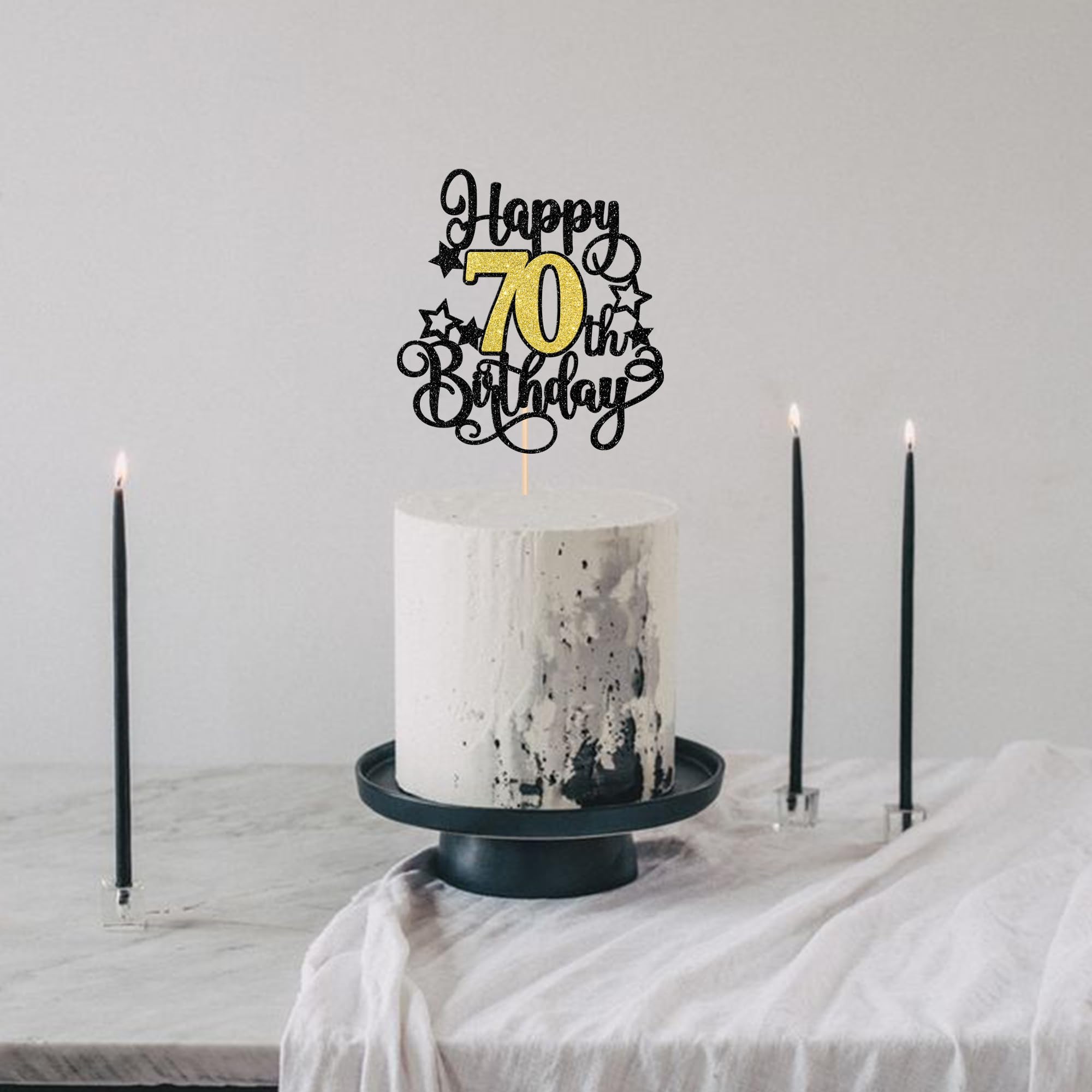 ZHUOWEISM 1-Piece Happy 70th Birthday Cake Topper – Black Gold Glitter, Cheers to 70 Years