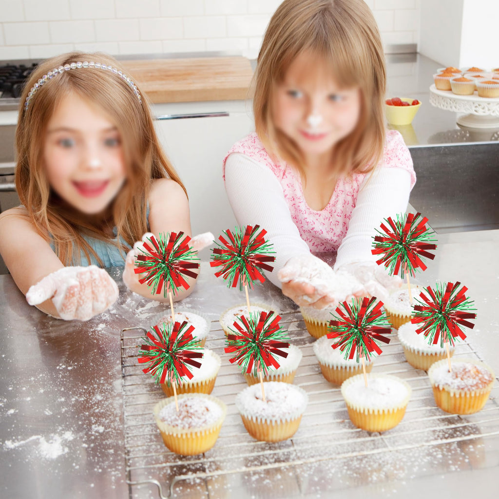 ZHUOWEISM 30 Pcs Foil Firework Cupcake Toppers – Red & Green Sparkle Party Picks, Preassembled Cake Decorations