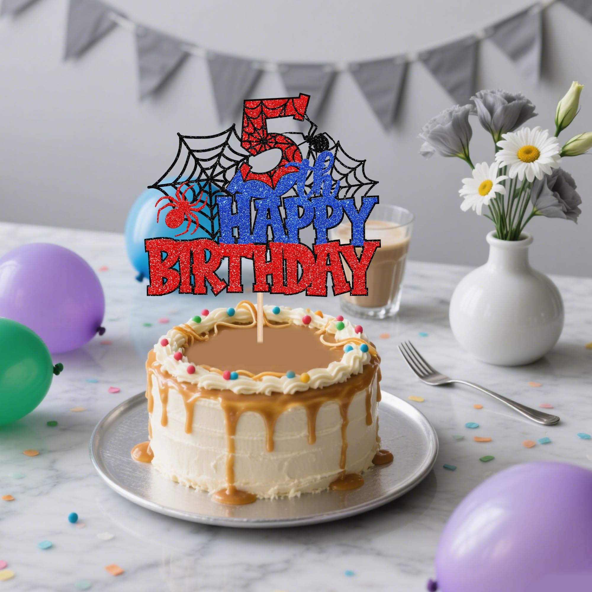 ZHUOWEISM Glitter Spider Web Cake Topper – 5th Birthday, 1 Pack