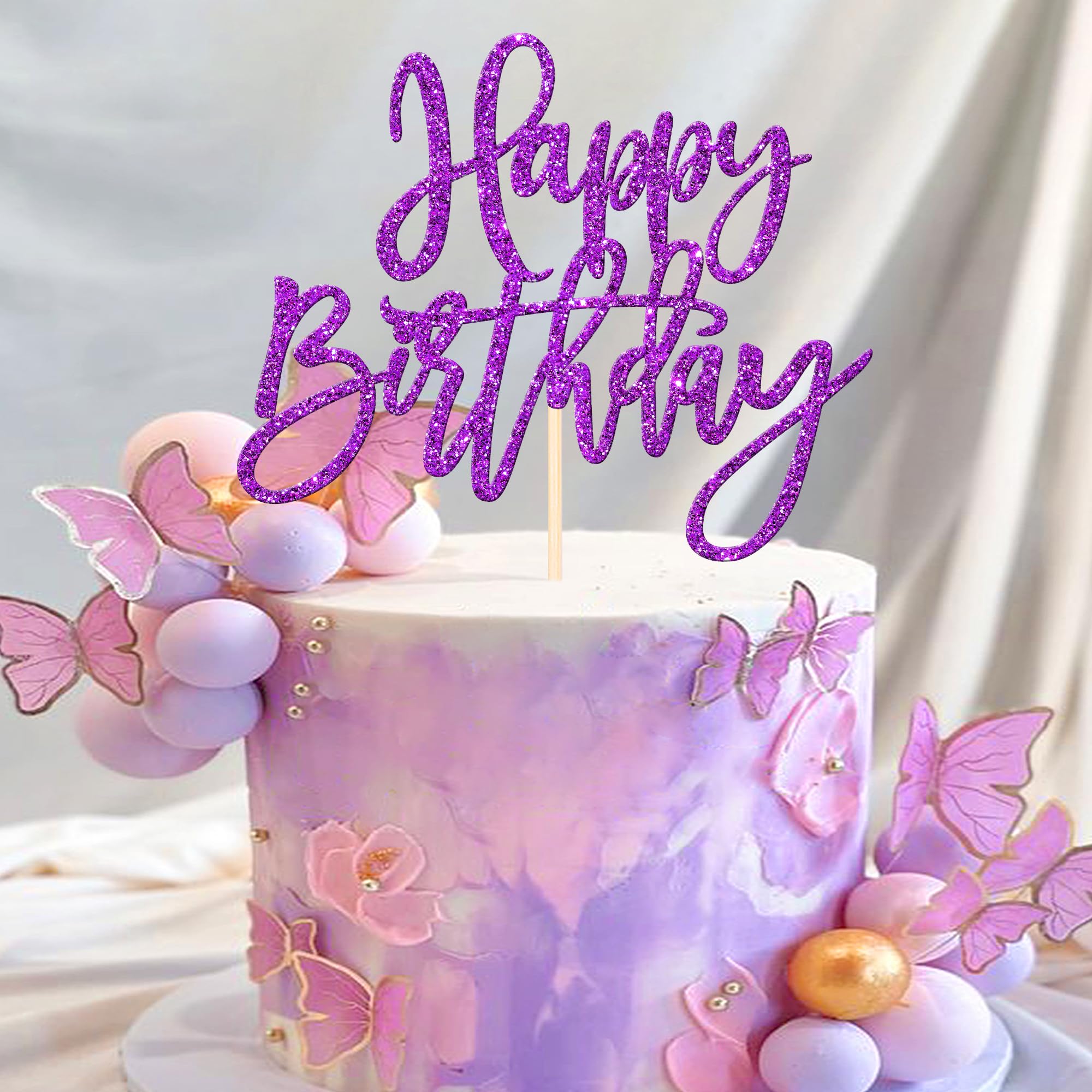 ZHUOWEISM 1-Pcs Glitter Happy Birthday Cake Topper | Purple, No Assembly, Food-Grade Stick