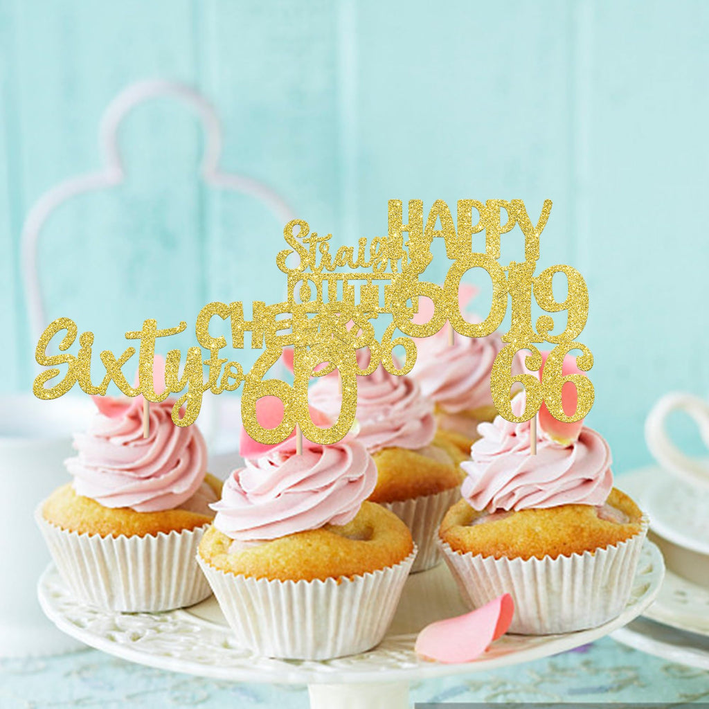 Zhuoweism 30Pcs Gold Glitter 1966 Cupcake Toppers for 60th Birthday Parties