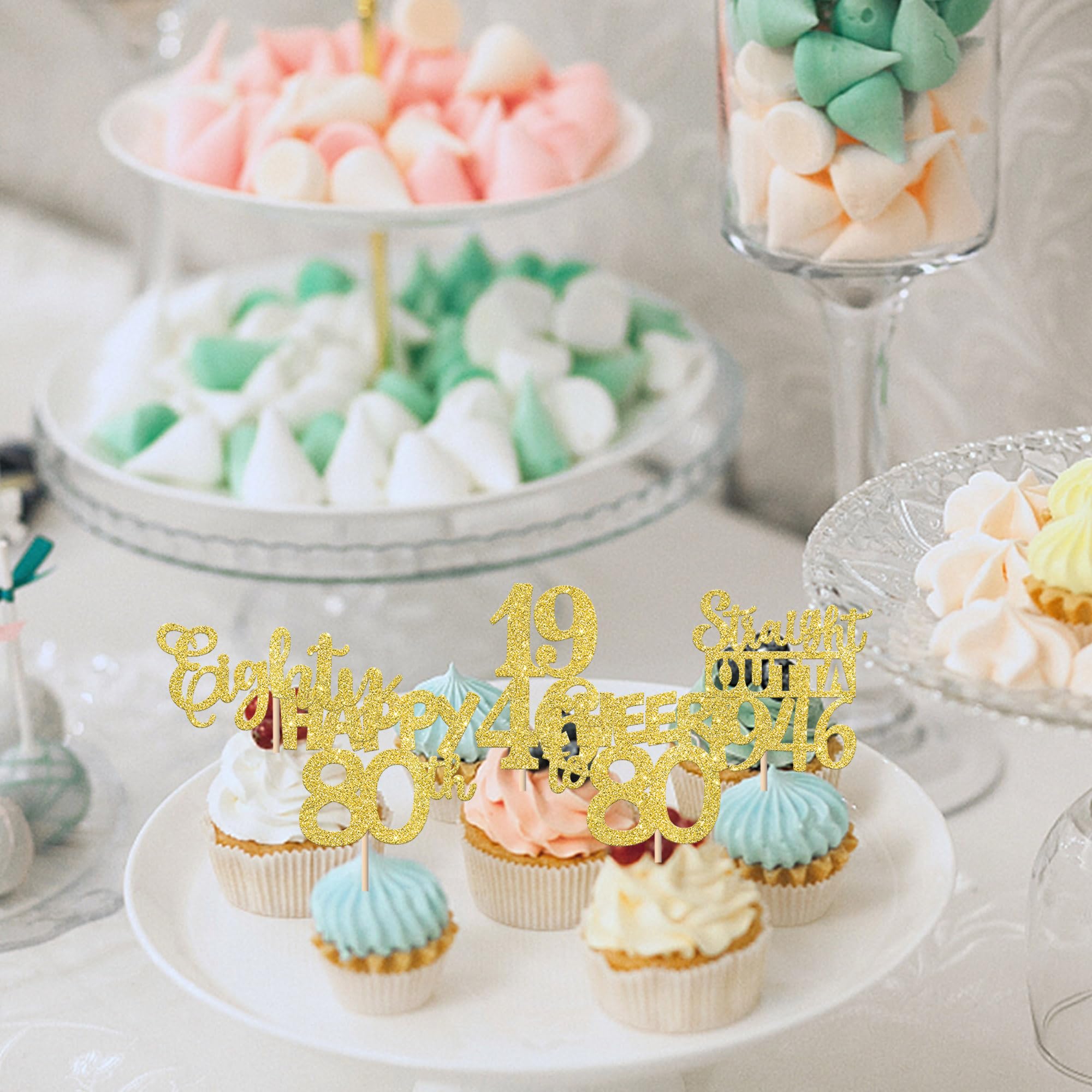 ZHUOWEISM 30Pcs Happy 80th Birthday Cupcake Toppers – Gold Glitter Eighty Straight Outta 1946