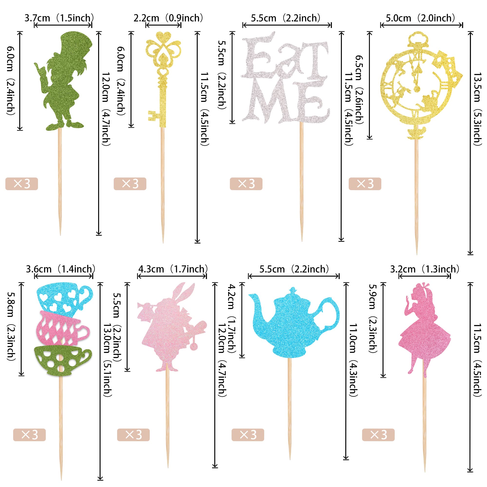 ZHUOWEISM 24 PCS Magic Alice Cupcake Toppers – Glitter, Eat Me, Clock, Fairy Party Picks