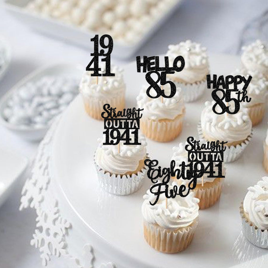 ZHUOWEISM 30Pcs Black Glitter 85th Birthday Cupcake Toppers – Straight Outta 1941
