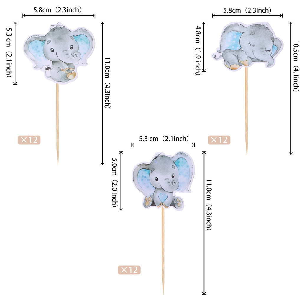 ZHUOWEISM 36Pcs Blue Elephant Cupcake Toppers – Baby Shower & Elephant Theme Party Picks