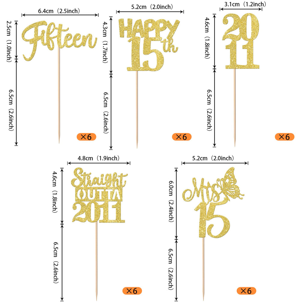 ZHUOWEISM 30Pcs Straight Outta 2011 Cupcake Toppers – Gold Glitter for 15th Birthday