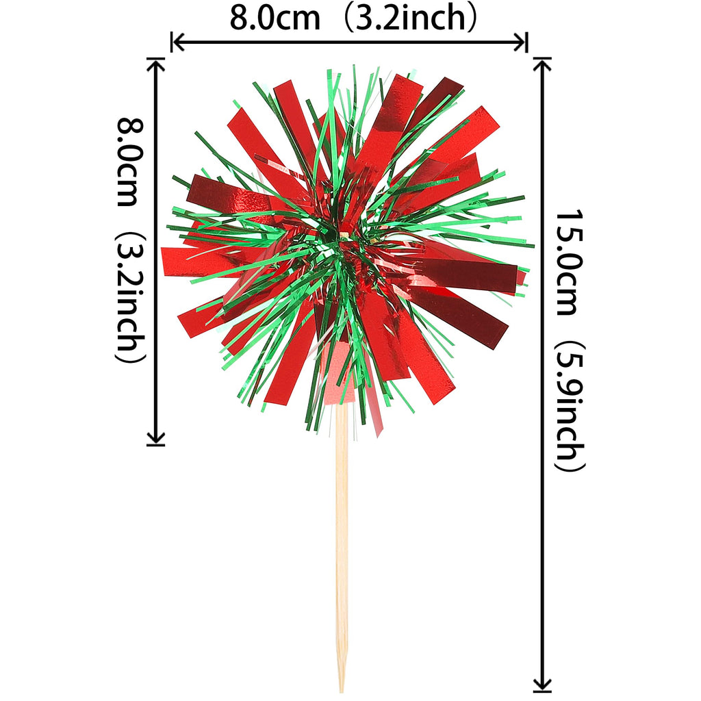 ZHUOWEISM 30 Pcs Foil Firework Cupcake Toppers – Red & Green Sparkle Party Picks, Preassembled Cake Decorations