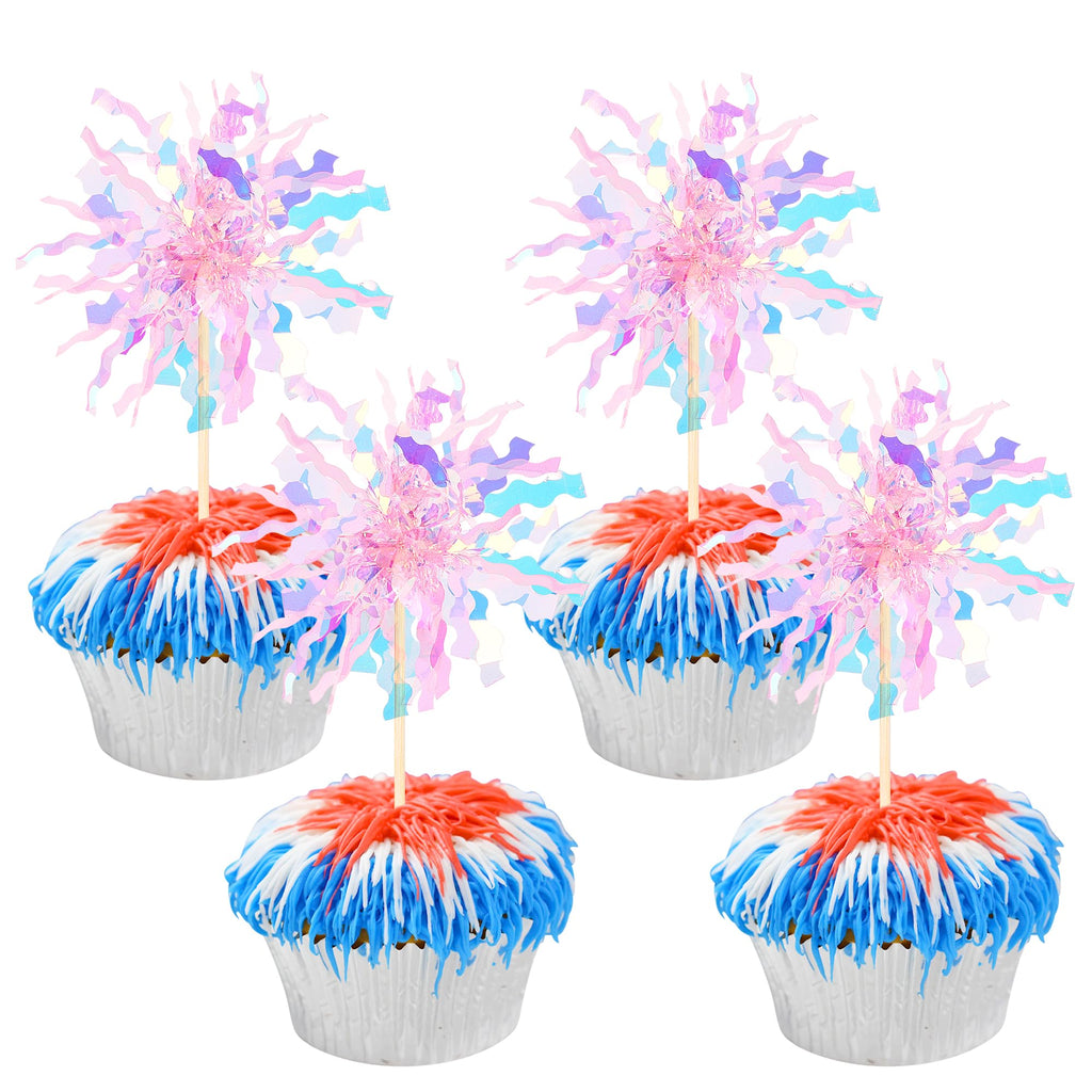 ZHUOWEISM 30 Pcs Foil Firework Cupcake Toppers - Pink Sparkle Tinsel Picks for Birthday, Baby Shower, Wedding