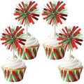 ZHUOWEISM 30 Pcs Foil Firework Cupcake Toppers – Red & Green Sparkle Party Picks, Preassembled Cake Decorations
