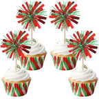 ZHUOWEISM 30 Pcs Foil Firework Cupcake Toppers – Red & Green Sparkle Party Picks, Preassembled Cake Decorations