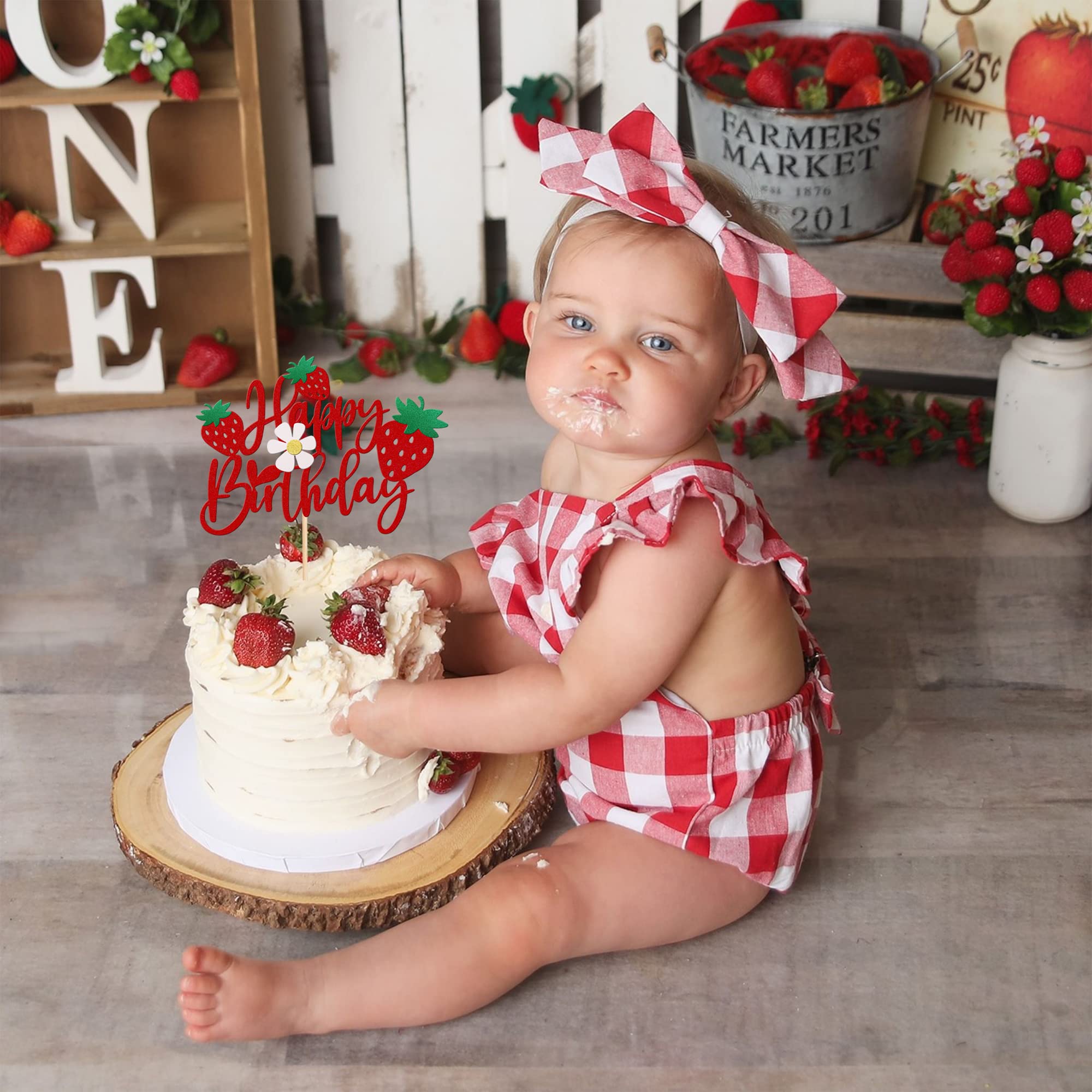 ZHUOWEISM Strawberry Happy Birthday Cake Topper – Glitter Flower, Fruit Theme Decoration